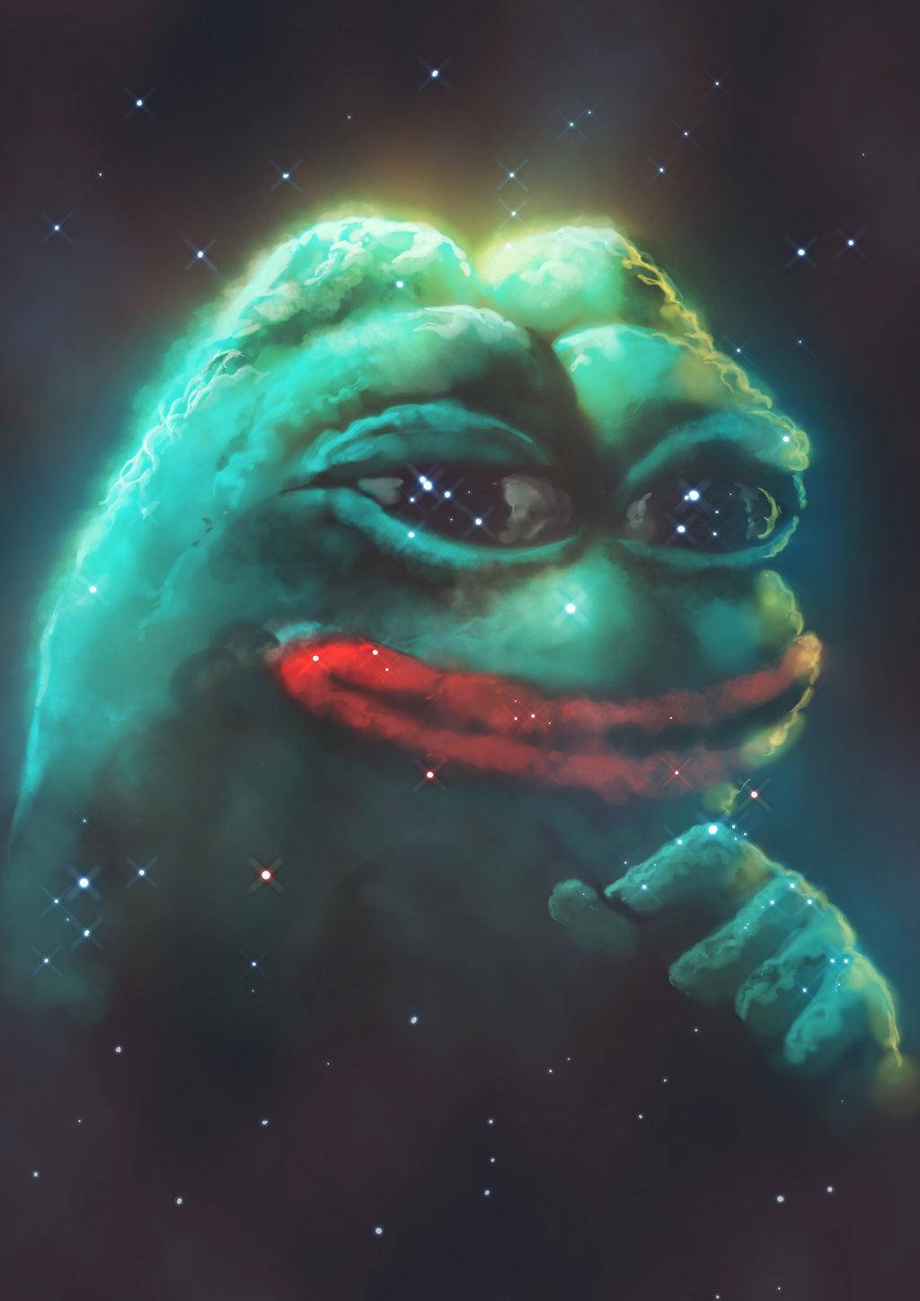 Cosmic Pepe The Frog, glowing green frog, red mouth, HD Phone Wallpaper
