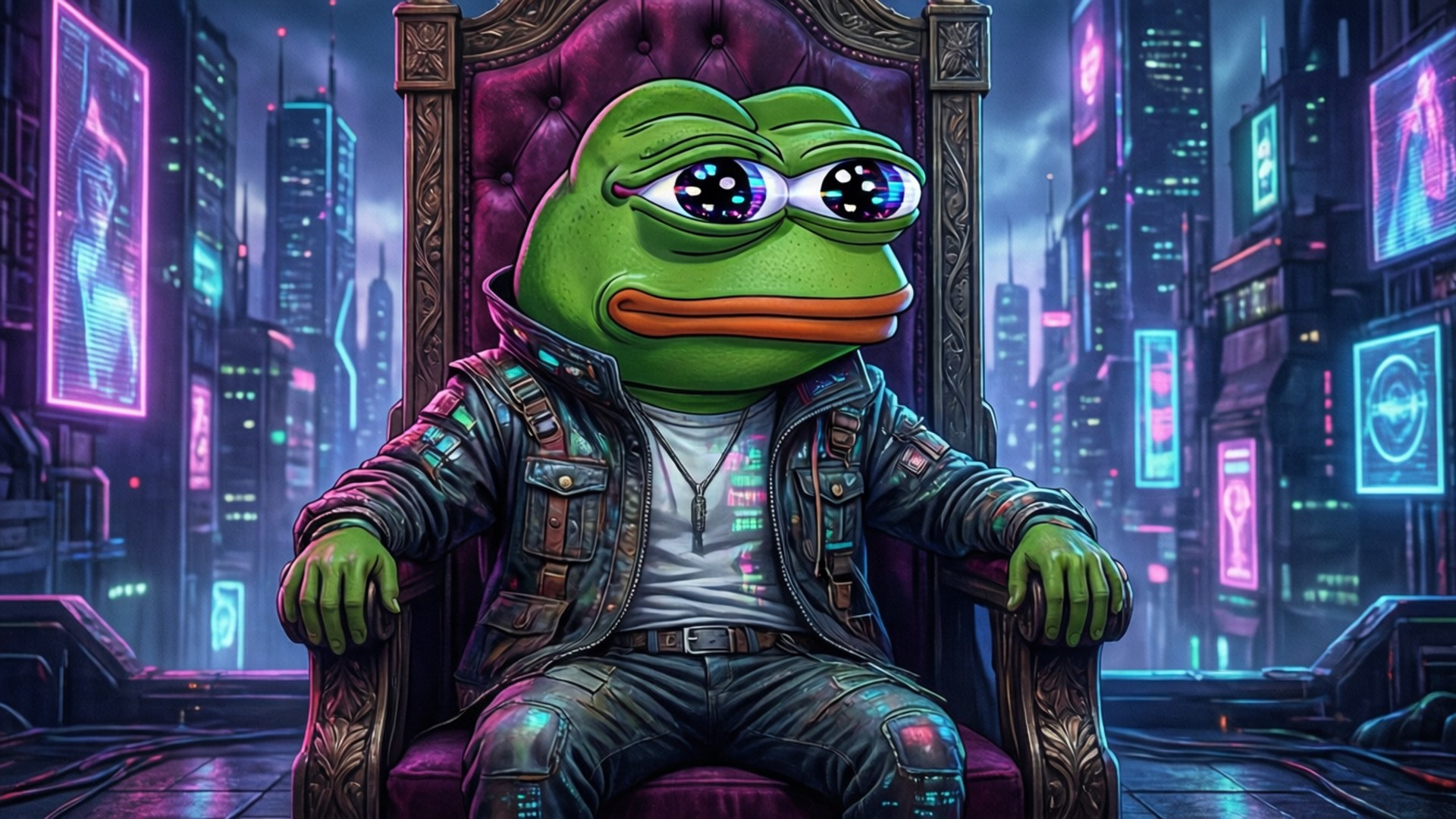 Pepe The Frog, cyberpunk cityscape, neon-lit, Full HD Desktop Wallpaper