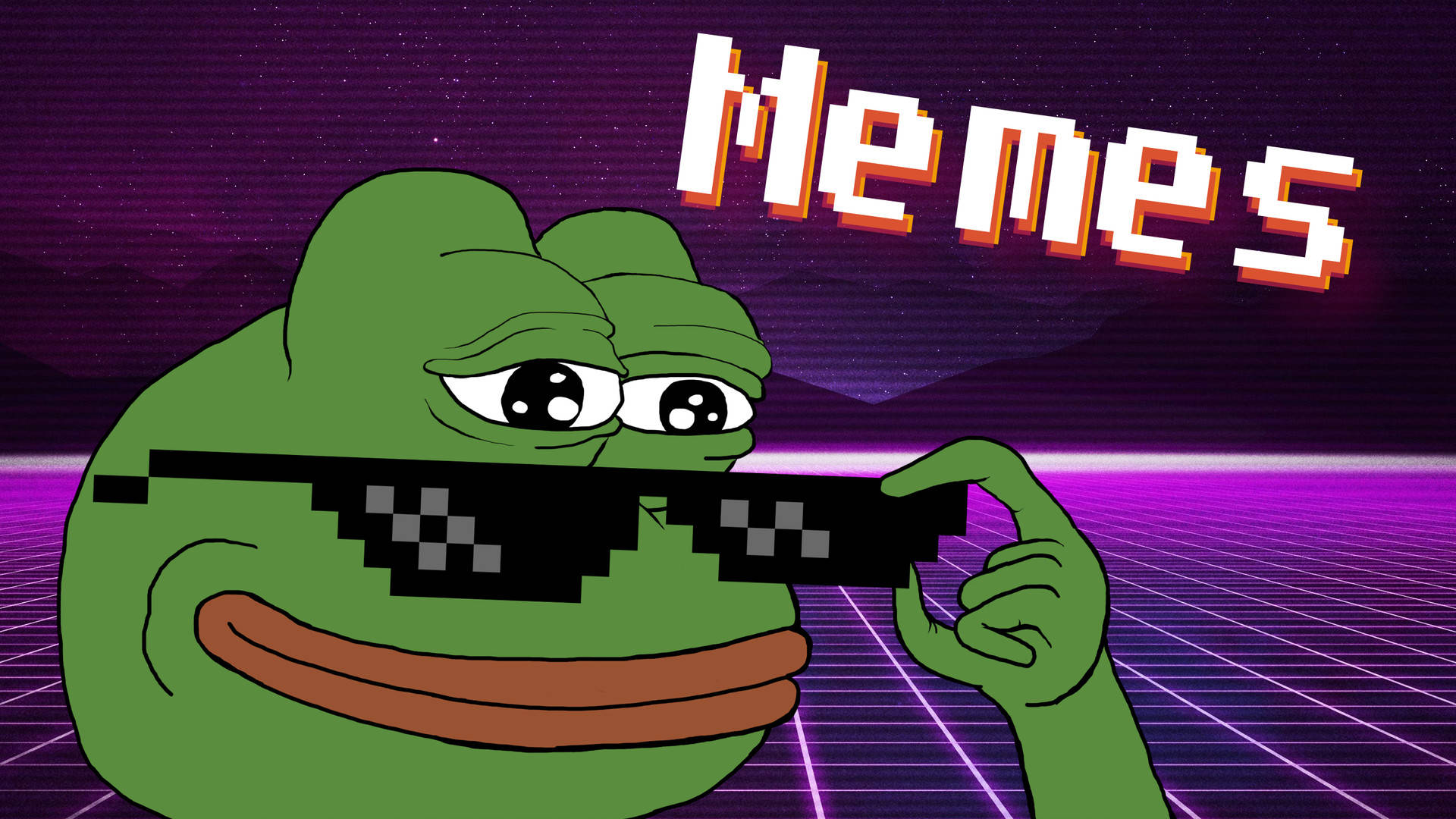 Pepe The Frog, pixelated sunglasses, glowing purple retrofuturistic grid, Full HD Desktop Wallpaper