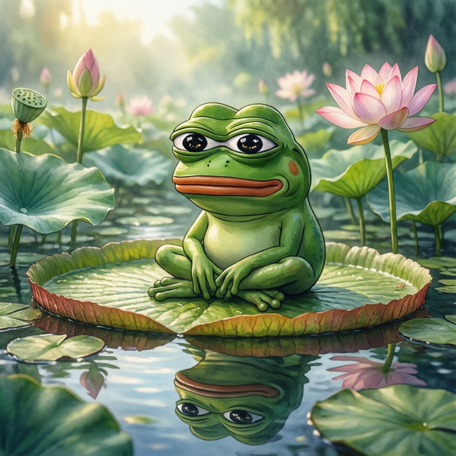 Serene Pond Pepe, cartoon frog, droopy eyes, HD Desktop Wallpaper