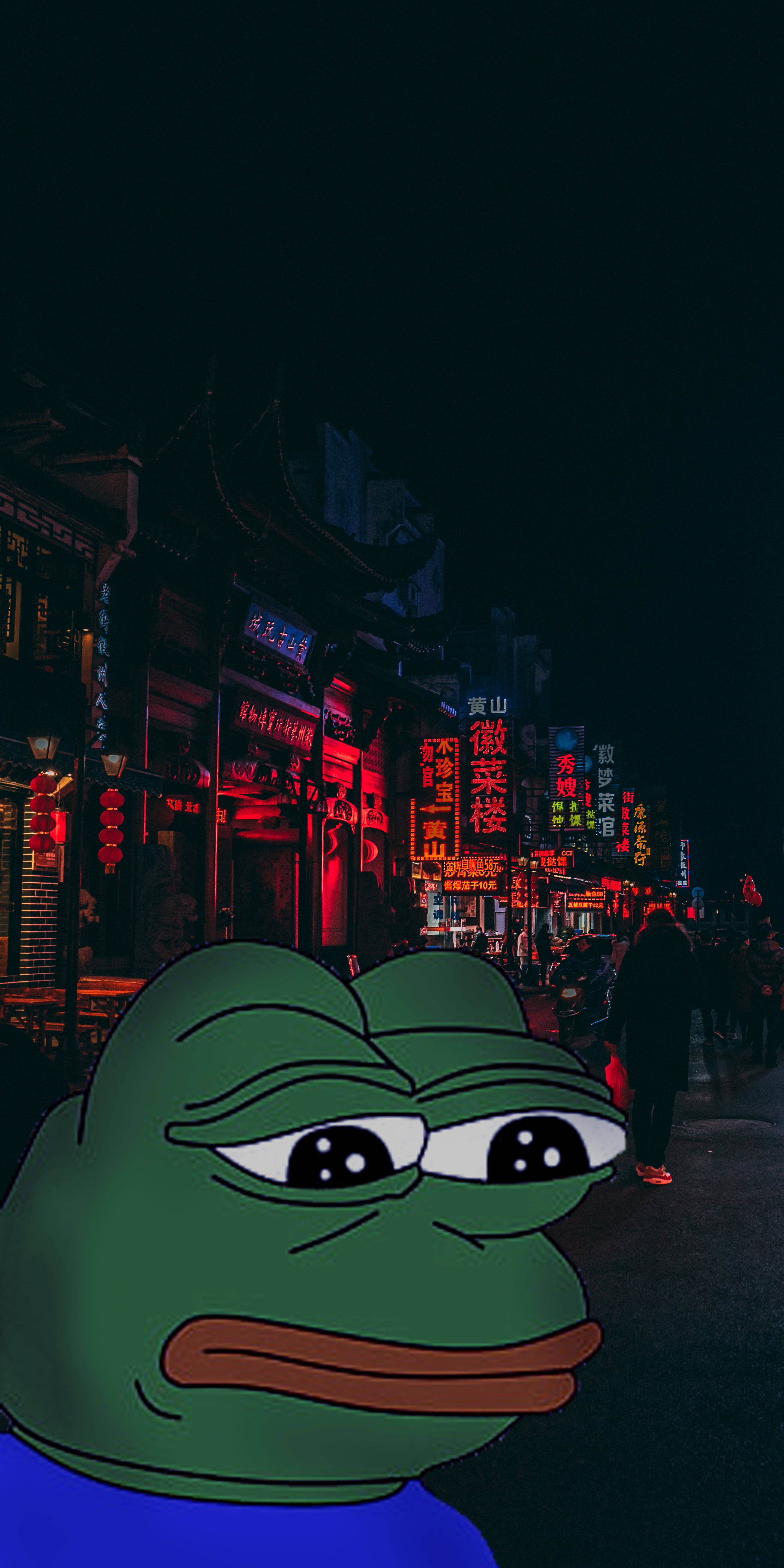 Pepe The Frog, neon-lit Asian city street, night, 5K Phone Wallpaper