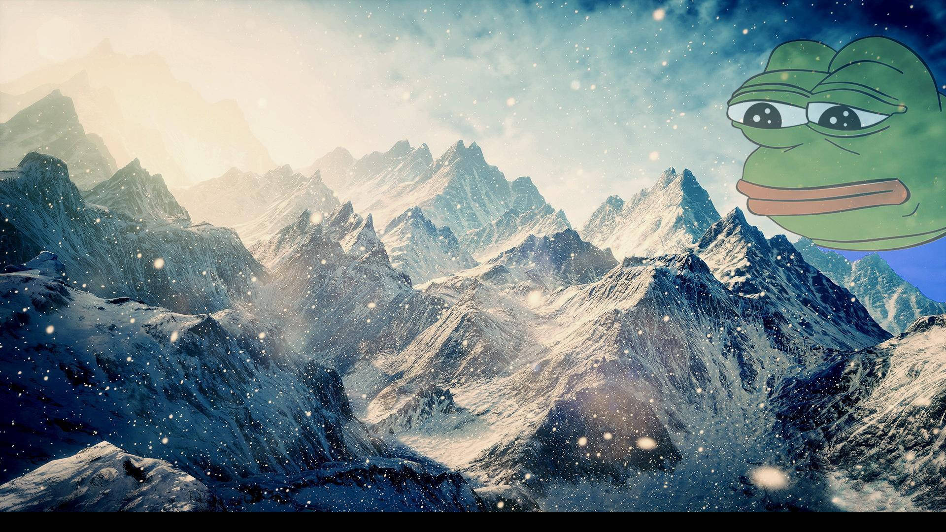 Snowy Mountains, starry sky, green frog face, Full HD Desktop Wallpaper