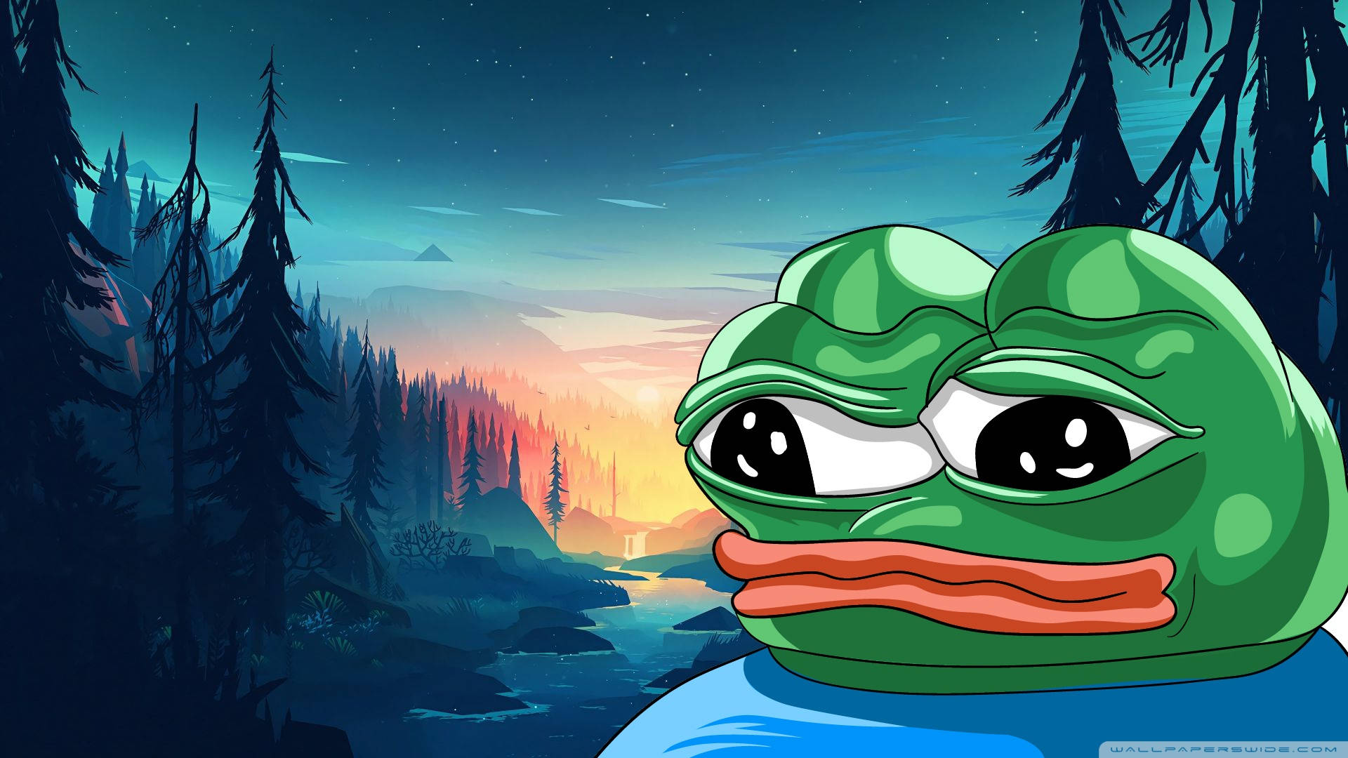 Pepe The Frog, sunset, forested hillside, Full HD Desktop Wallpaper