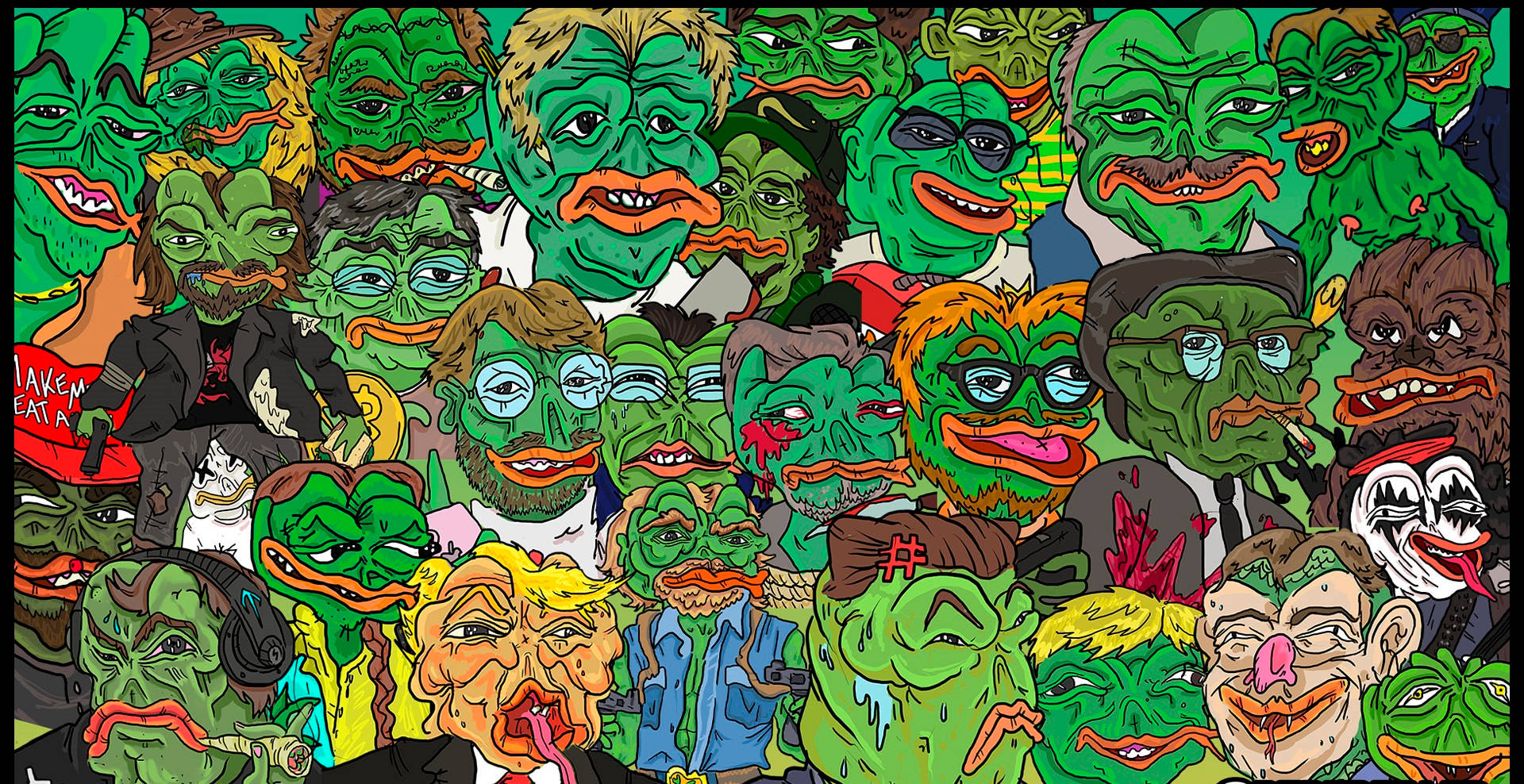 Pepe the Frog, green, cartoon collage, Full HD Desktop Wallpaper