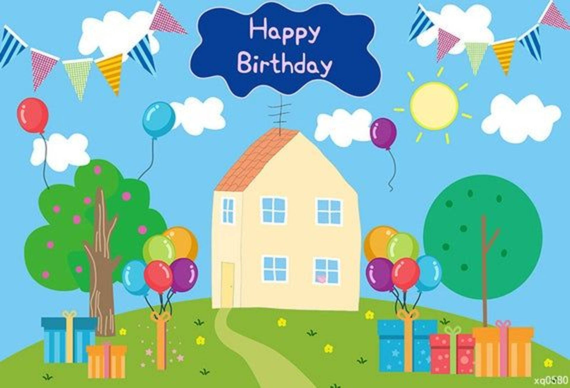 Peppa Pig House, yellow house, colorful balloons, Full HD Desktop Wallpaper