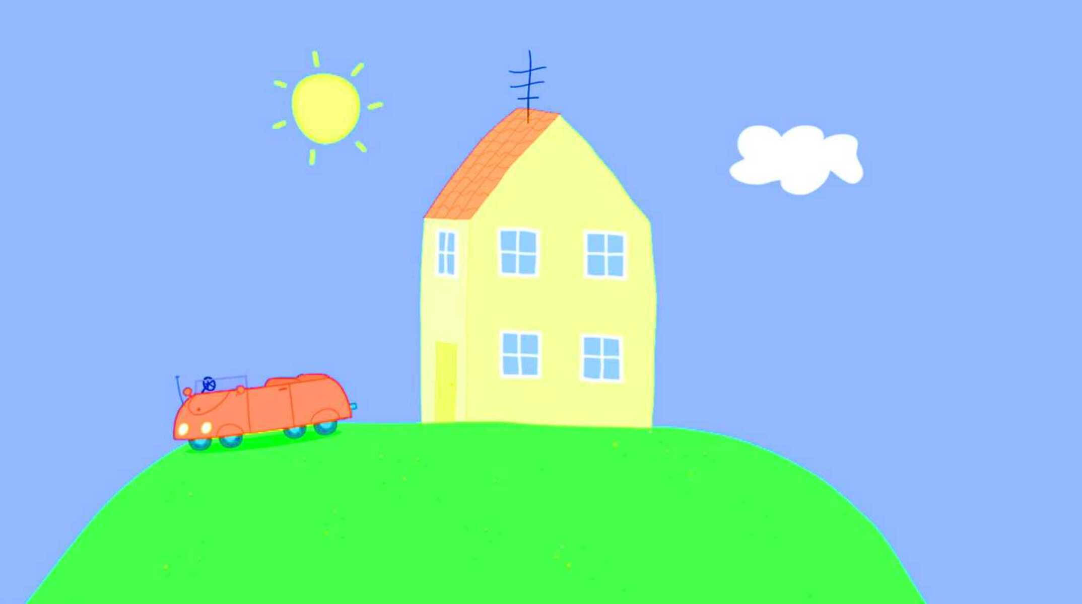 Peppa Pig, pink house, red car, Full HD Desktop Wallpaper