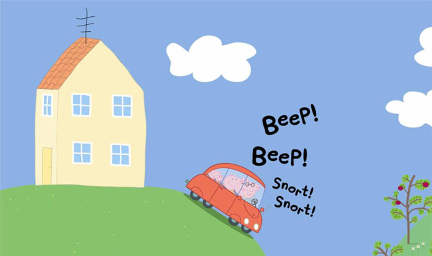 Peppa Pig, yellow house, red cartoon car, HD Desktop Wallpaper