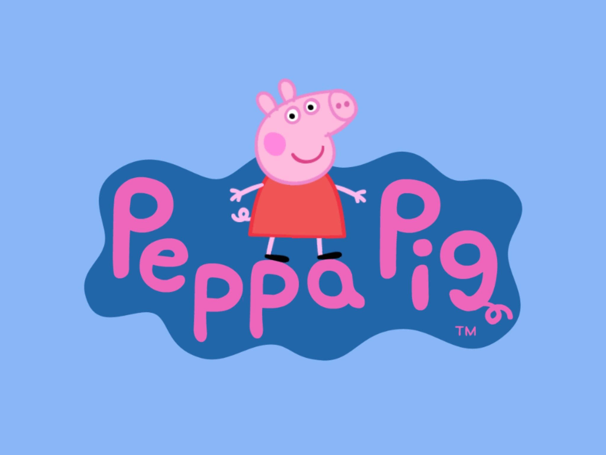 Peppa Pig, pink logo, light blue background, Full HD Desktop Wallpaper
