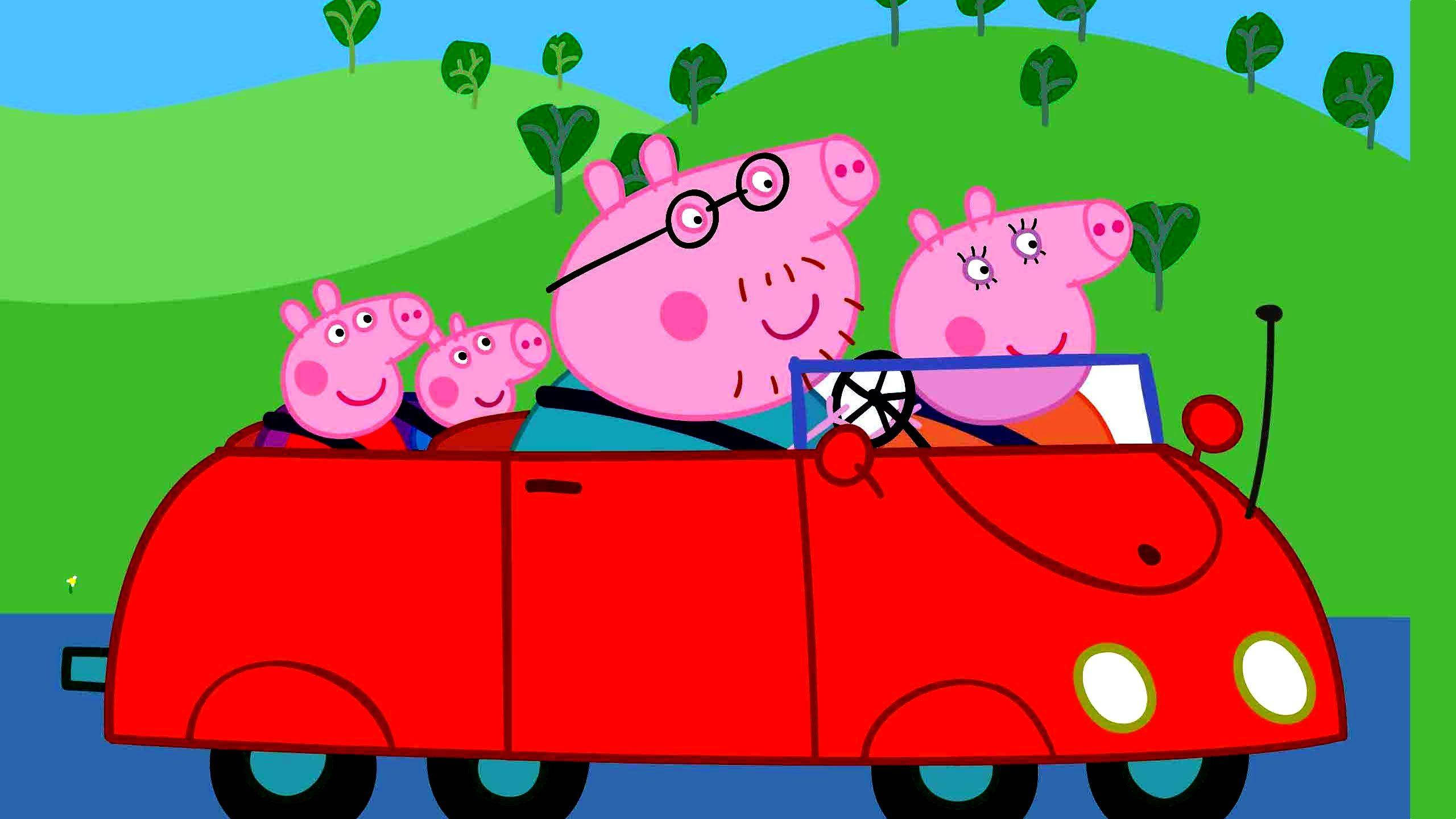 Peppa Pig, family, red car, 2K Desktop Wallpaper