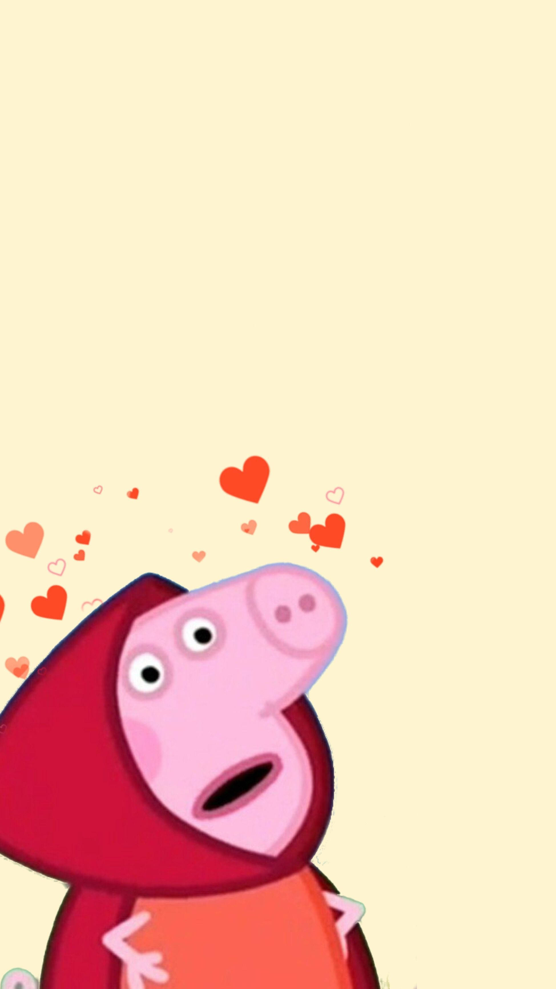 Peppa Pig, red hooded outfit, floating hearts, 2K Phone Wallpaper