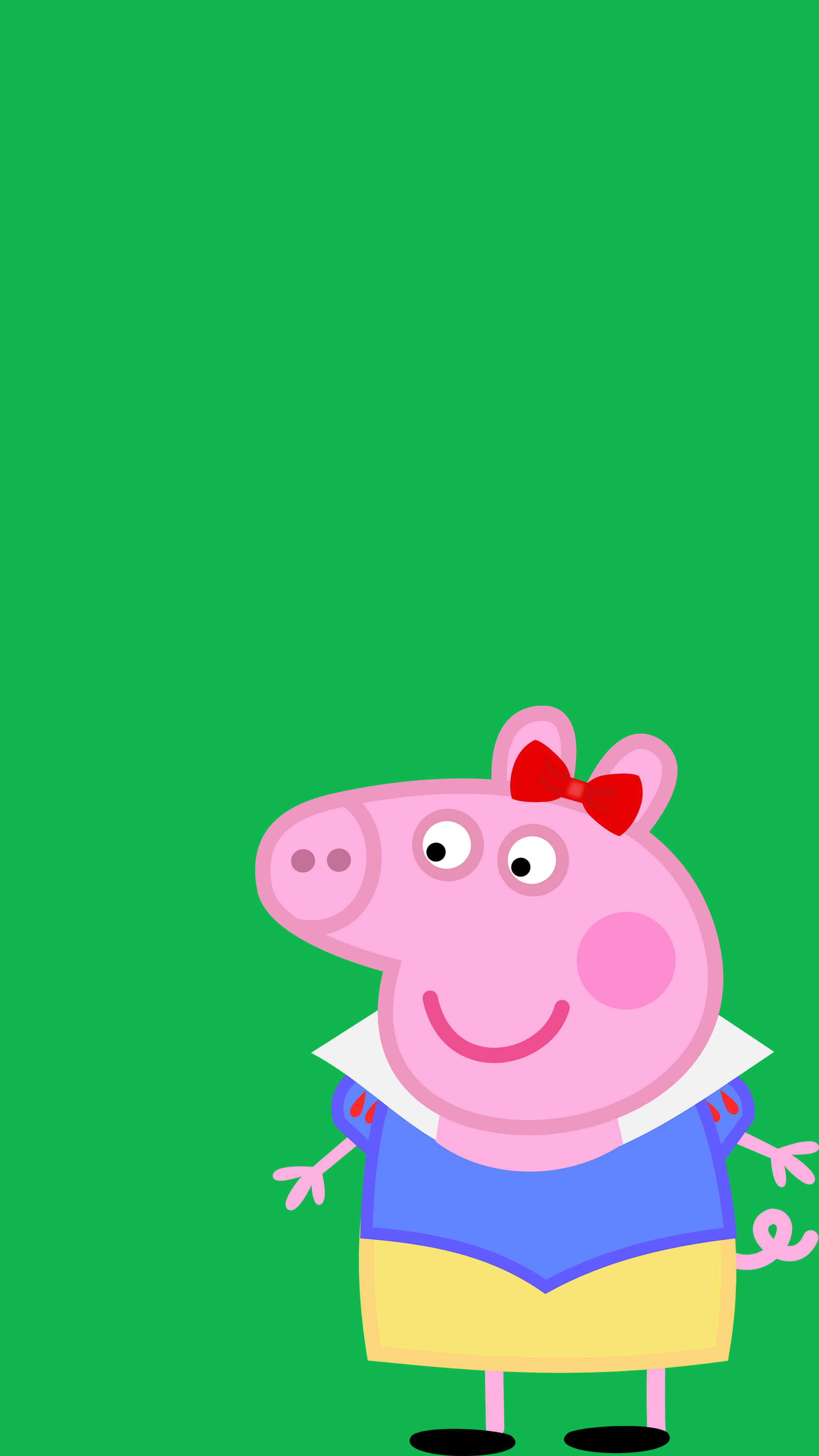 Peppa Pig, blue and yellow outfit, red bow, 4K Phone Wallpaper