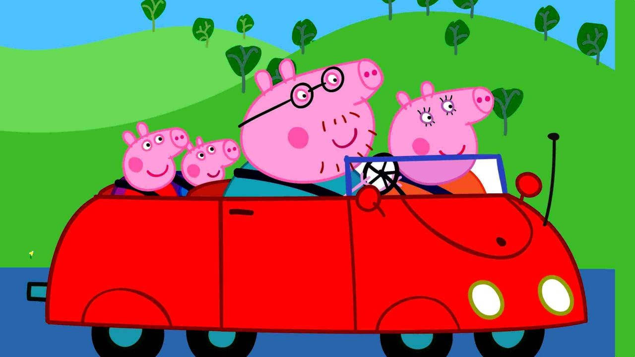 Peppa Pig, family, red car, HD Desktop Wallpaper