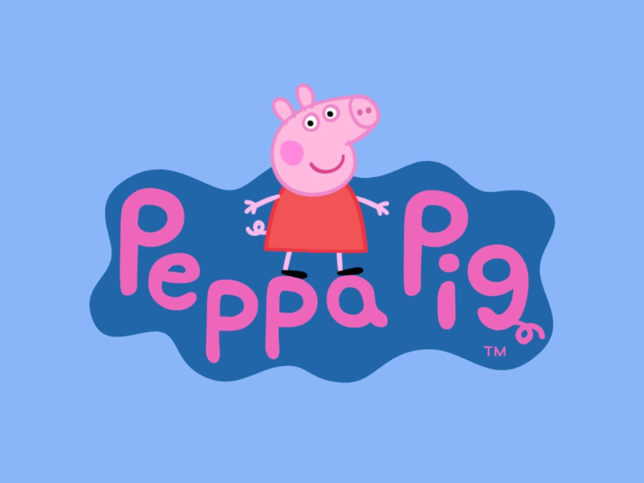 Peppa Pig, pink logo, light blue background, Full HD Desktop Wallpaper