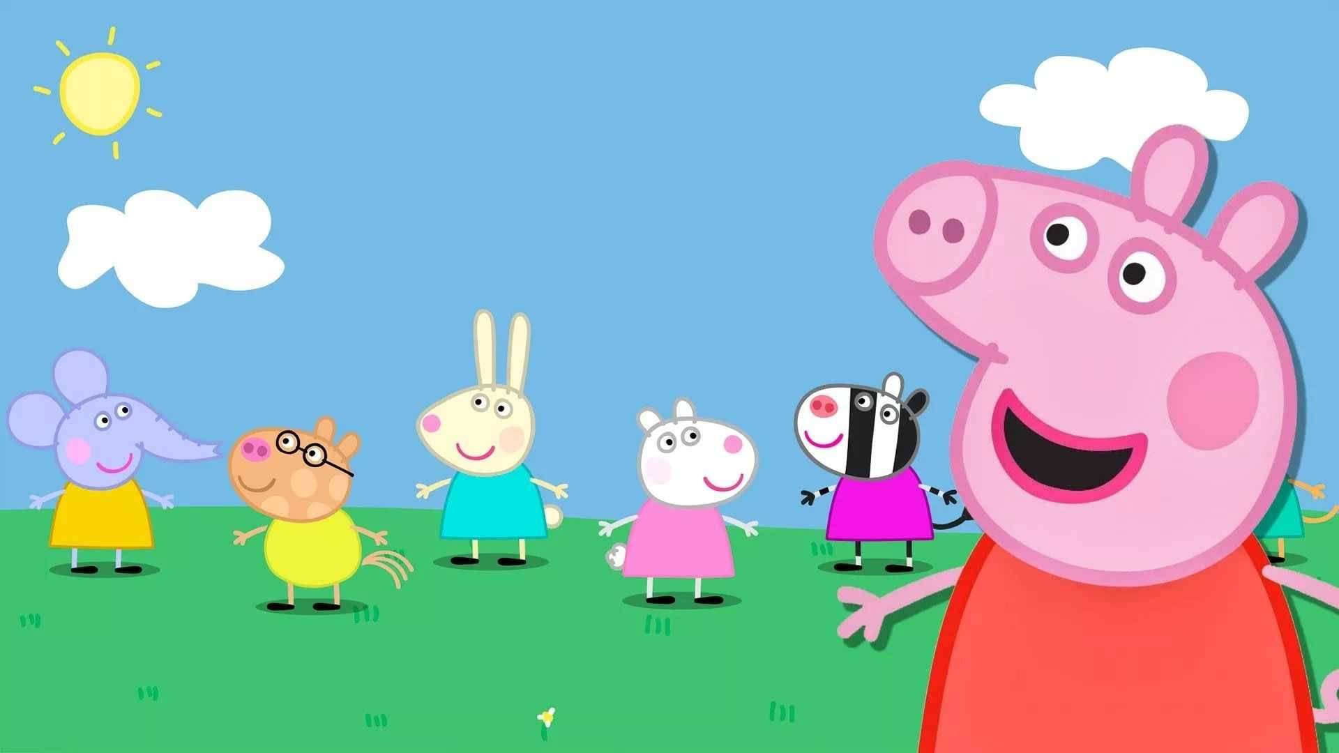 Peppa Pig, friends, sunny green field, Full HD Desktop Wallpaper