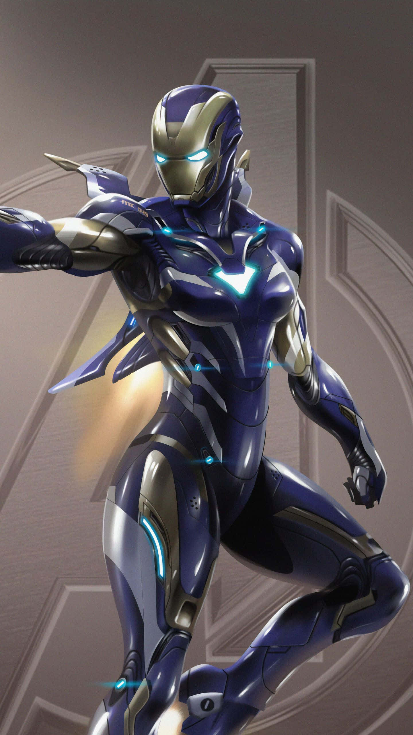 Pepper Potts, blue and gold armored superhero, glowing blue accents, 2K Phone Wallpaper