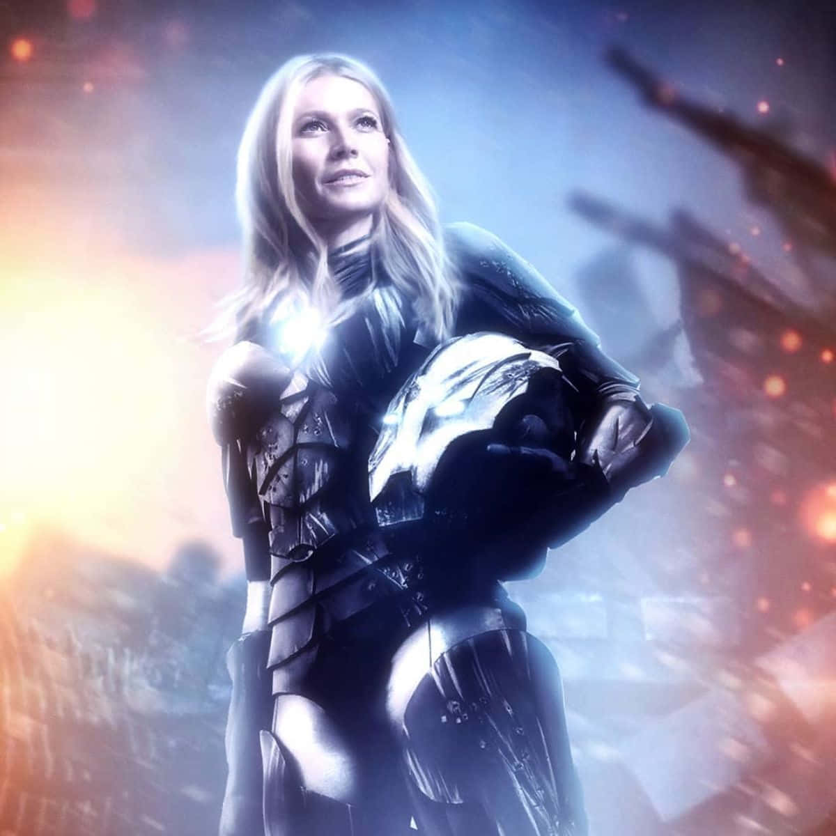 Pepper Potts, futuristic armor, fiery cosmic backdrop, SD Desktop Wallpaper