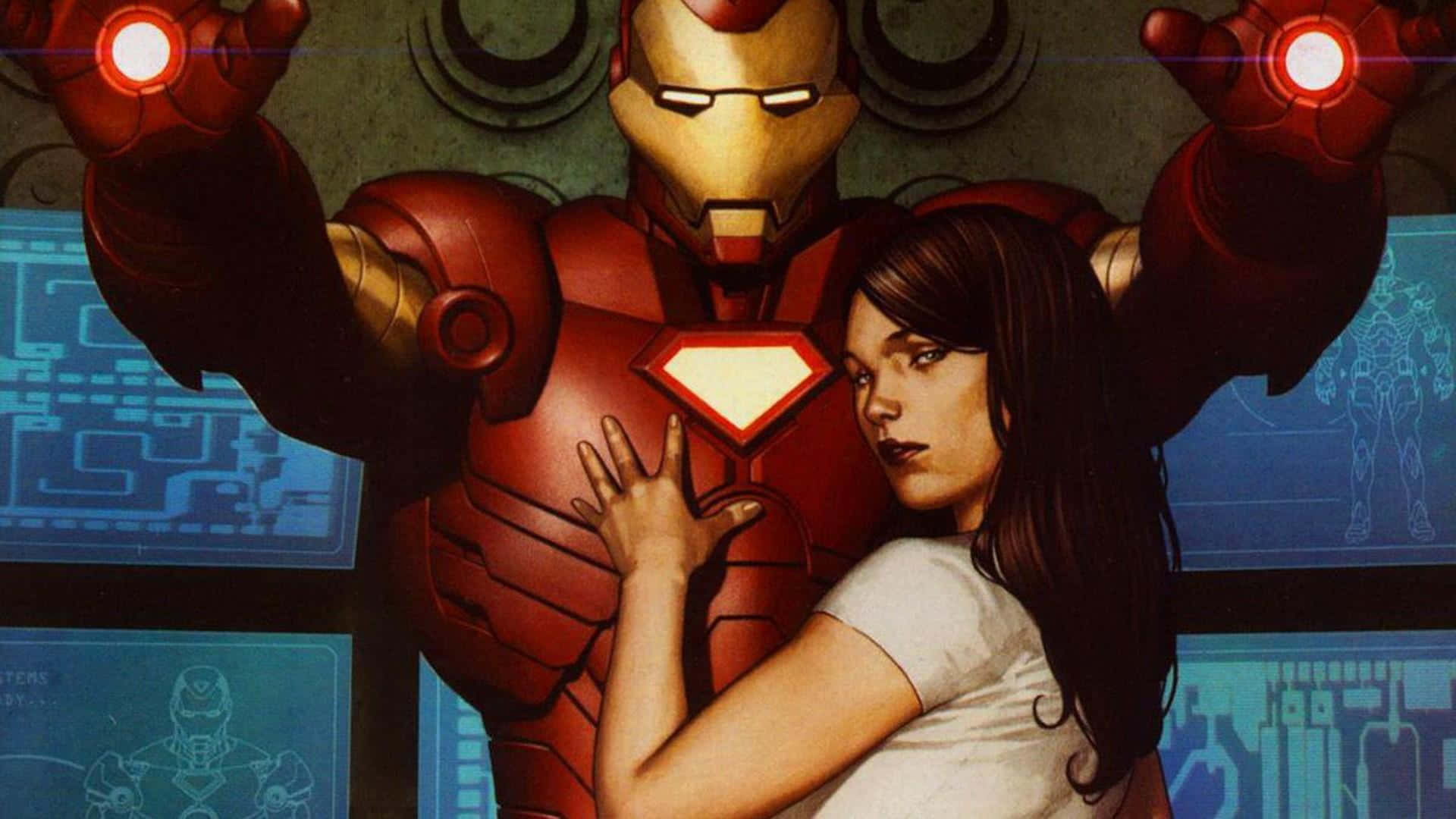 Pepper Potts, red and gold armored superhero, glowing hands, Full HD Desktop Wallpaper