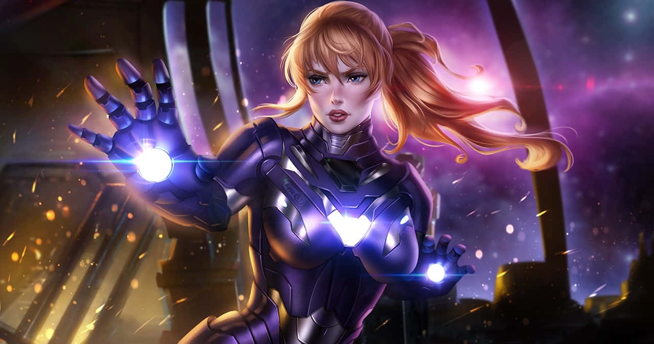 Pepper Potts, glowing purple armored suit, cosmic cityscape backdrop, SD Desktop Wallpaper