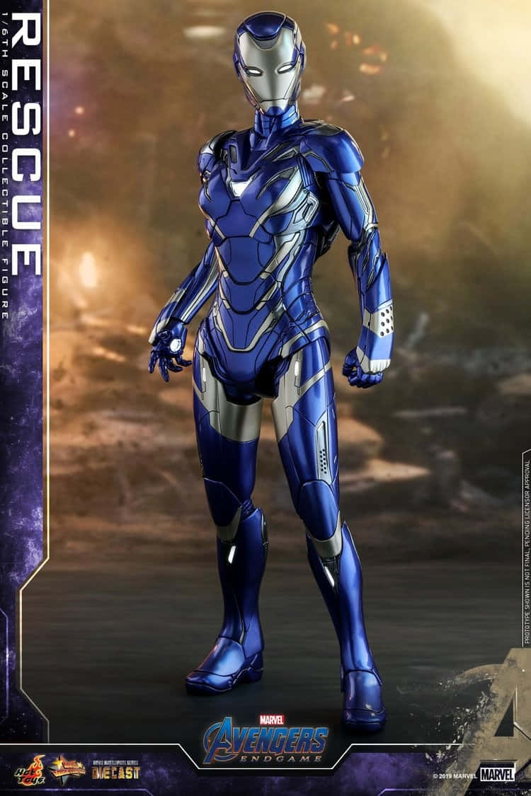 Pepper Potts, blue and silver Iron Man armor suit, smoky battlefield backdrop, SD Phone Wallpaper
