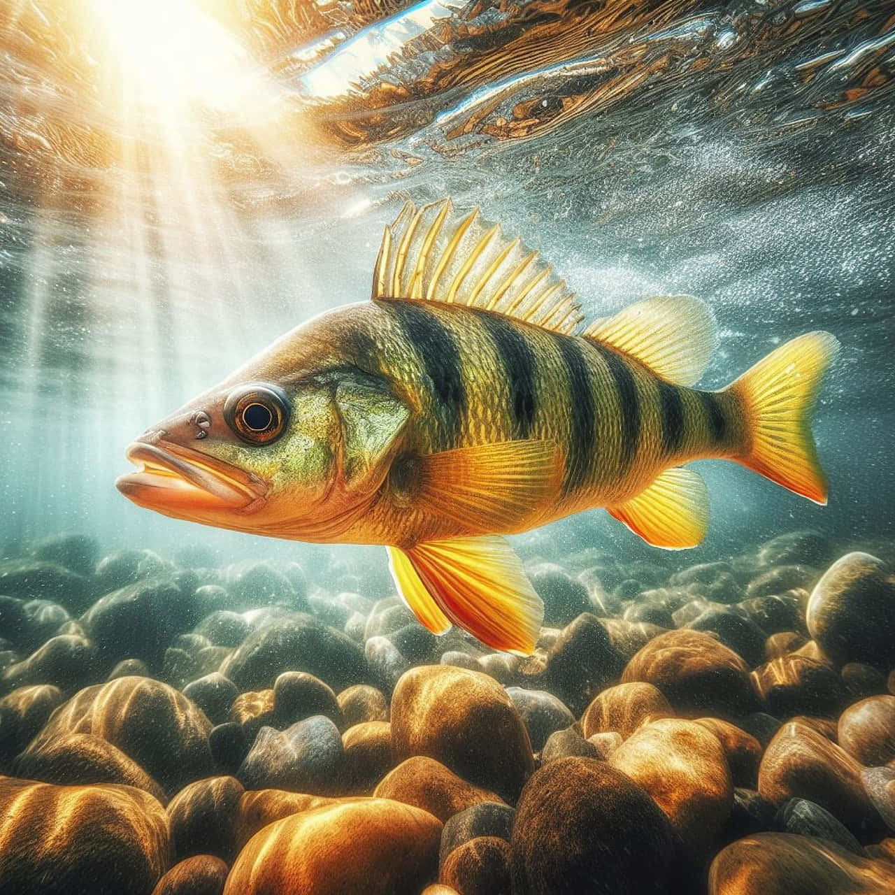 perch, sunlit river rocks, golden light, HD Desktop Wallpaper