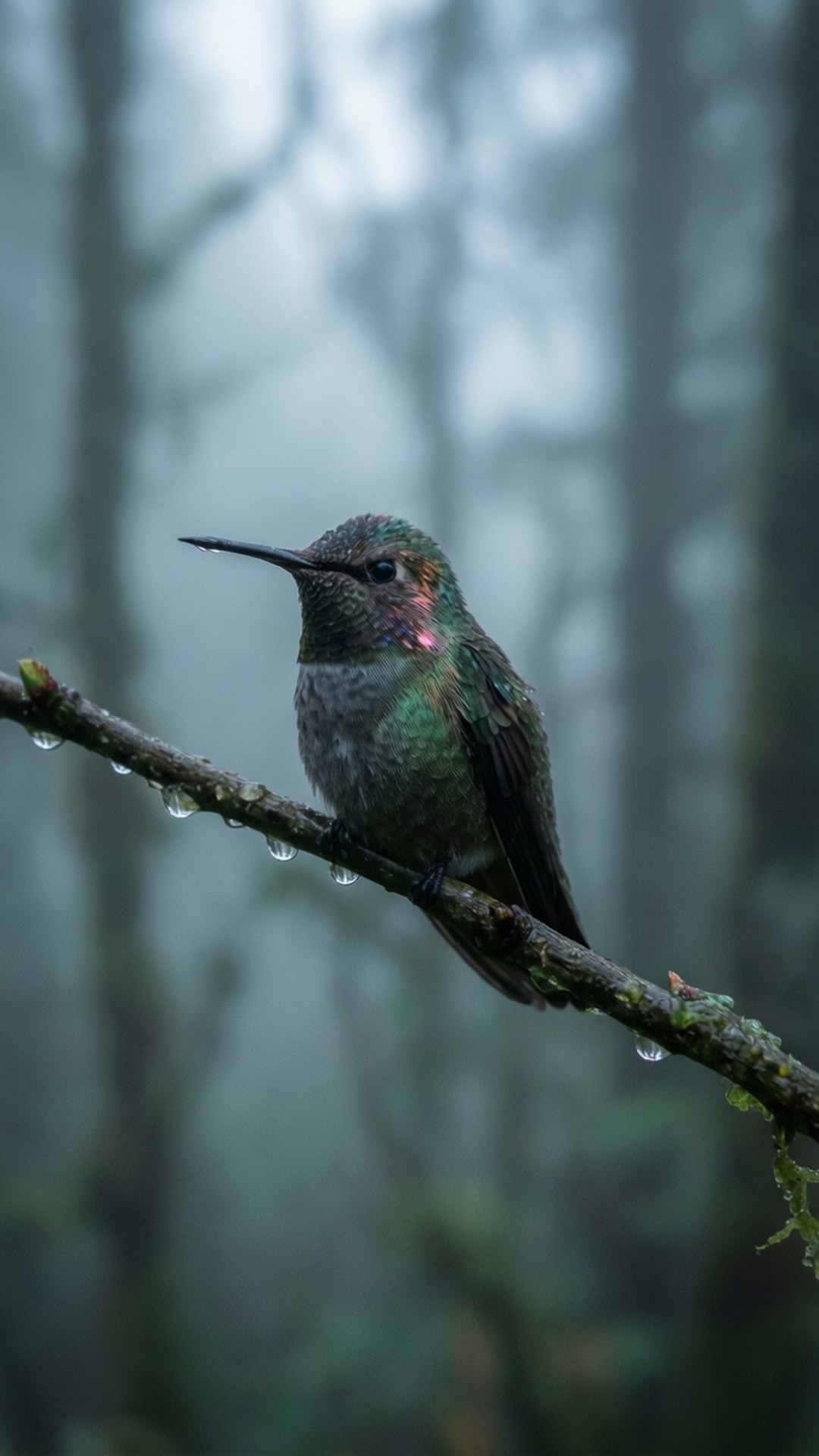 Misty Morning Perch, hummingbird, dew-covered branch, Full HD Phone Wallpaper