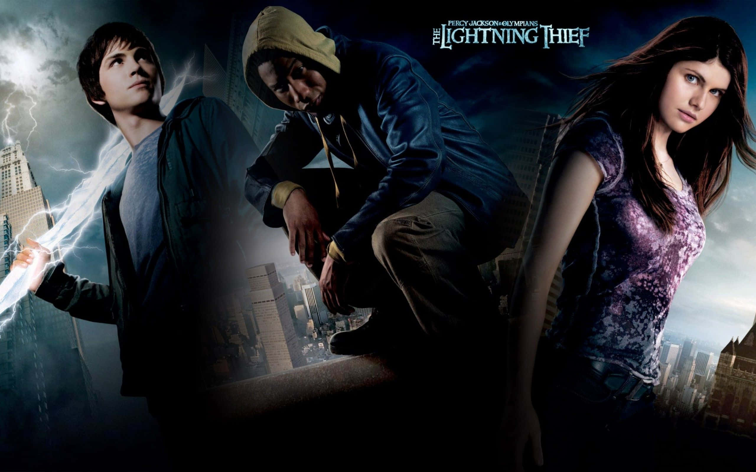 Percy Jackson, stormy cityscape, lightning crackling, 2K Desktop Wallpaper