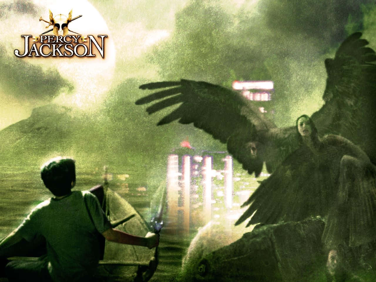 Percy Jackson, giant winged monster, glowing moon, HD Desktop Wallpaper