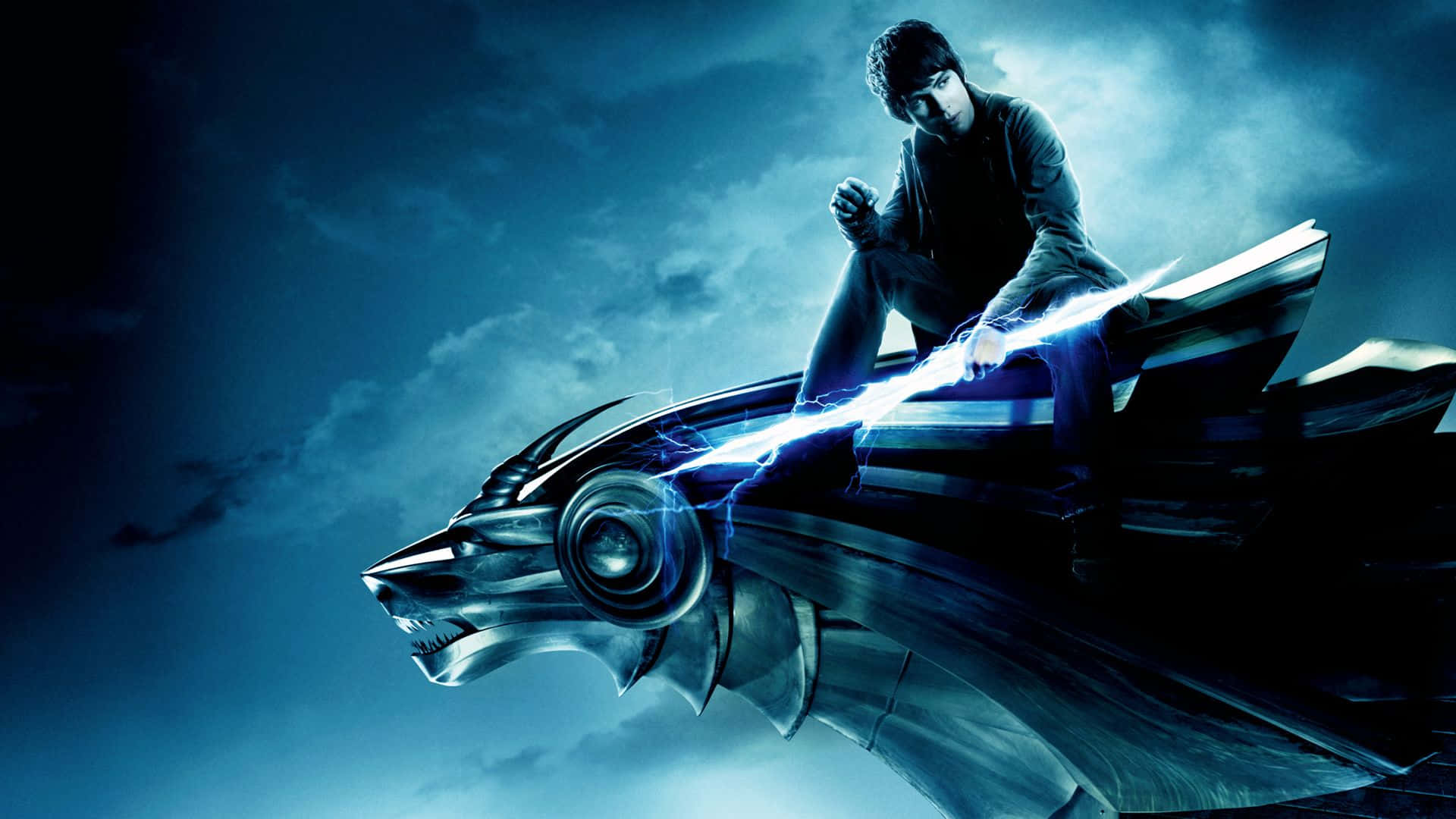 Percy Jackson, glowing blue, futuristic wolf-shaped vehicle, Full HD Desktop Wallpaper