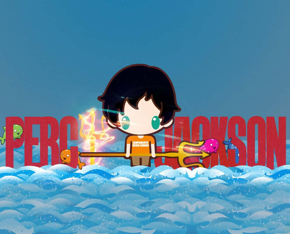 Percy Jackson, chibi-style, glowing trident, SD Desktop Wallpaper