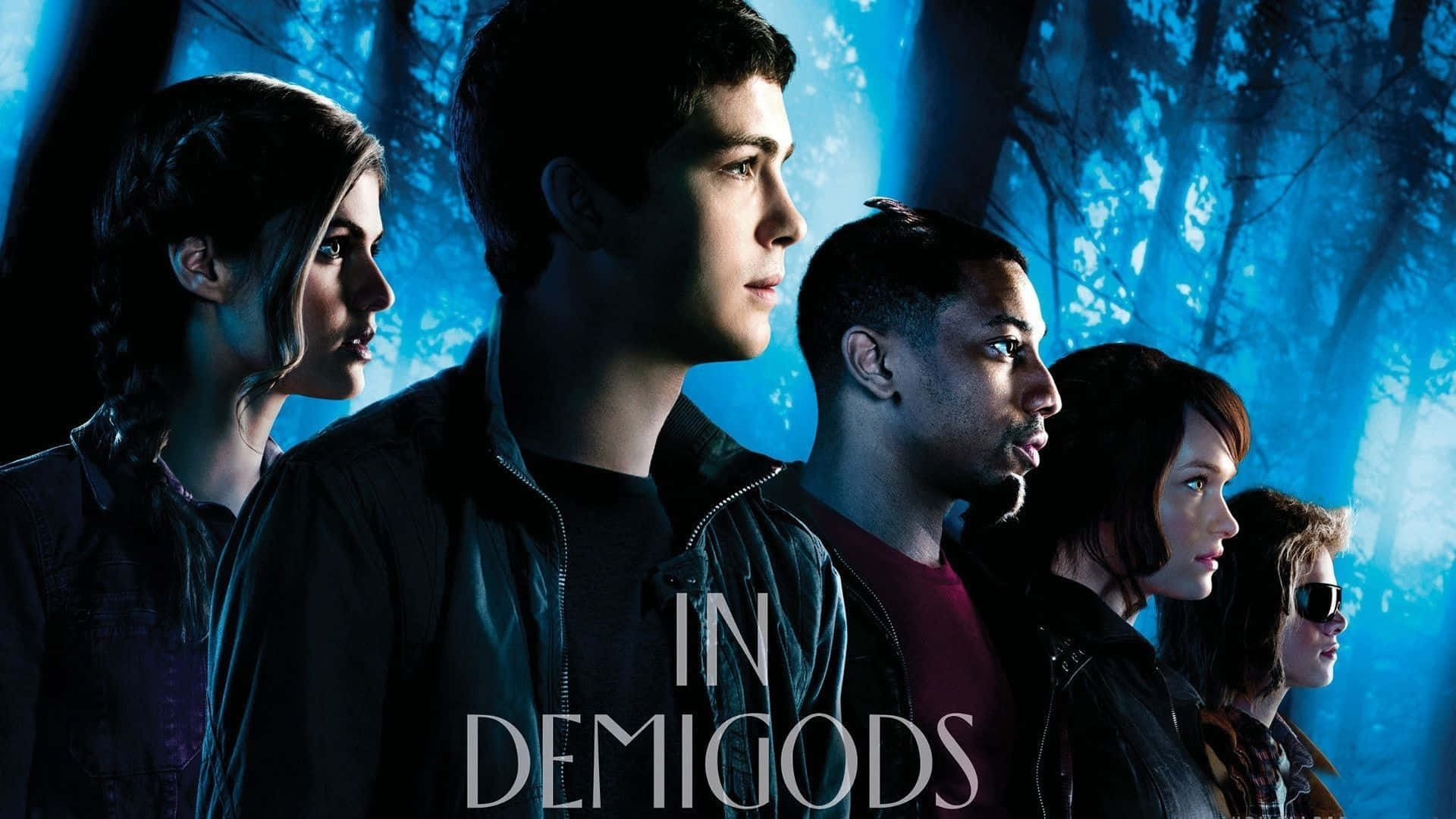 Percy Jackson, glowing blue forest, five young people, Full HD Desktop Wallpaper