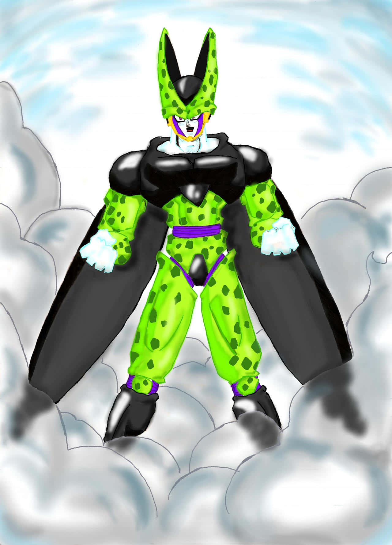 Perfect Cell, green and black spiky-haired anime character, swirling clouds, HD Phone Wallpaper