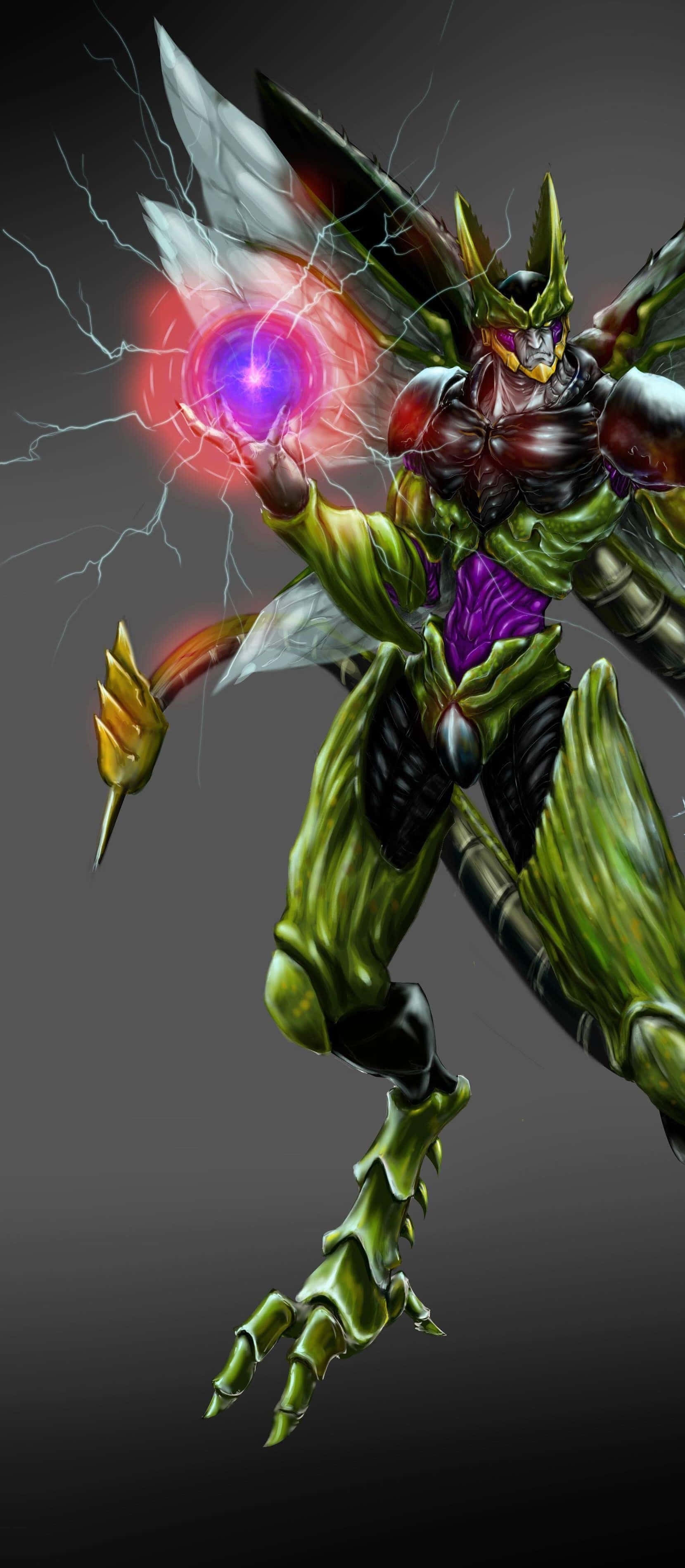 Perfect Cell, green armored insectoid warrior, glowing purple eyes, 2K Phone Wallpaper