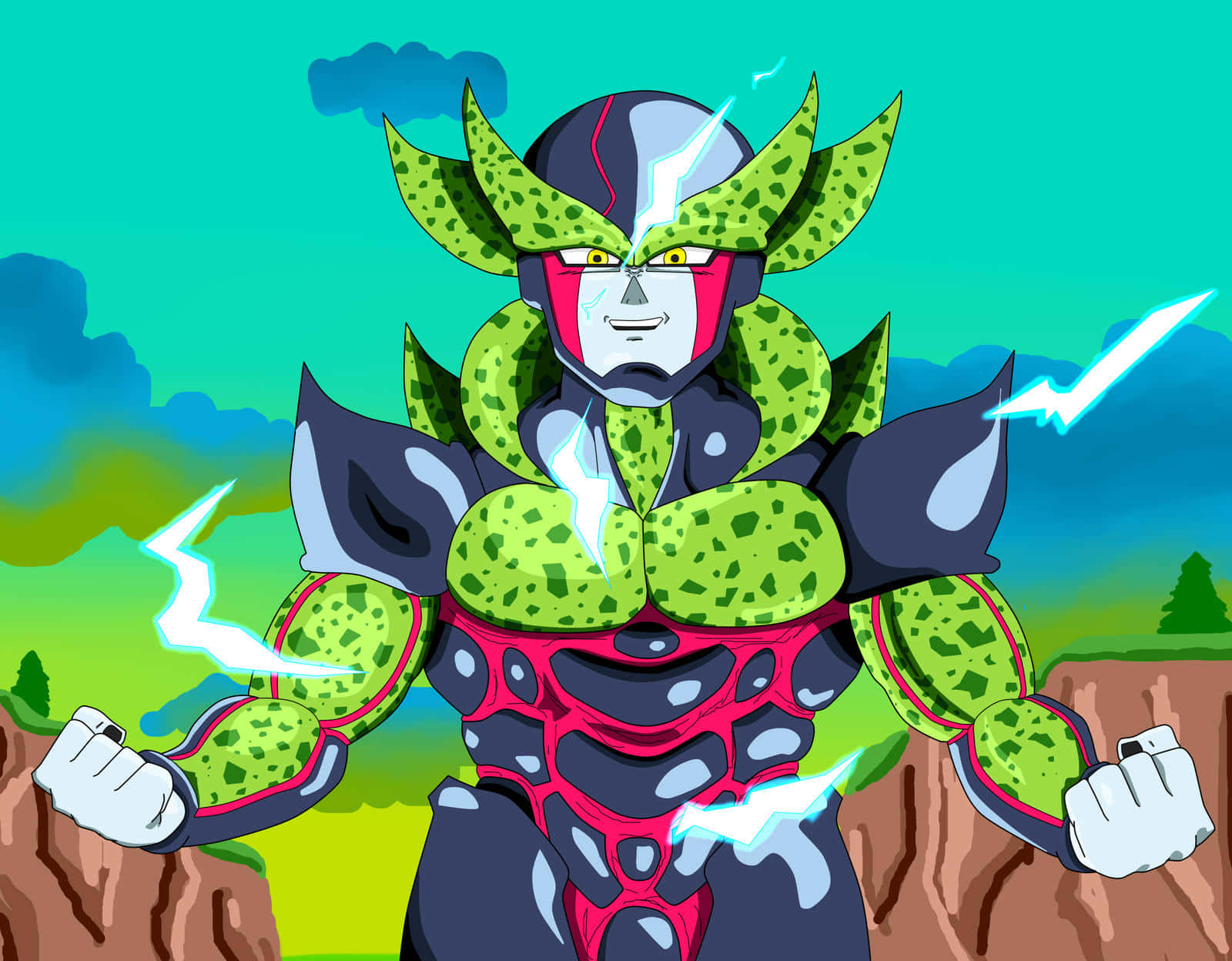 Perfect Cell, green and black armored anime character, lightning crackling around his fists, HD Desktop Wallpaper