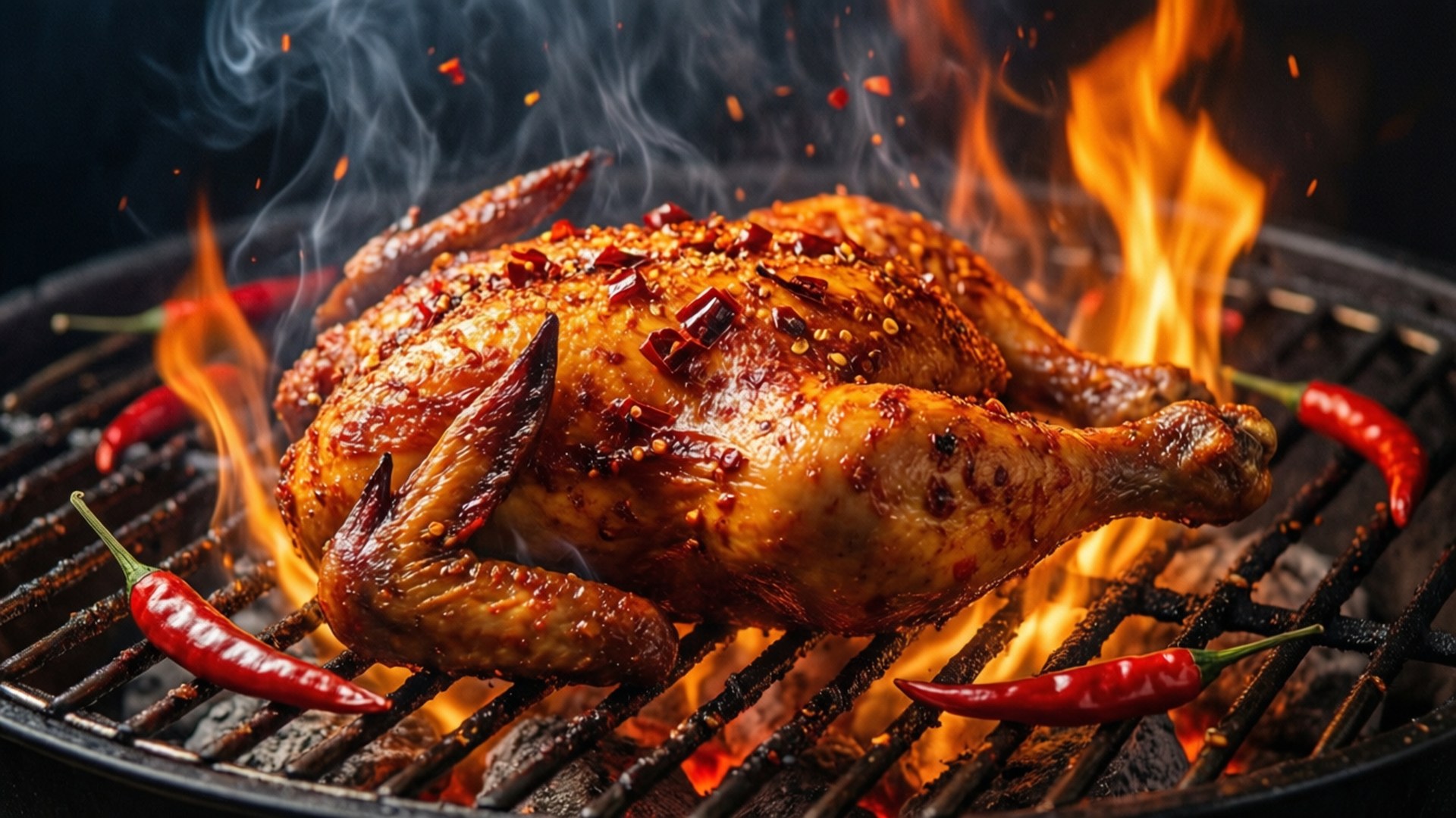 Flame-Grilled Feast, spiced chicken, roaring flames, Full HD Desktop Wallpaper