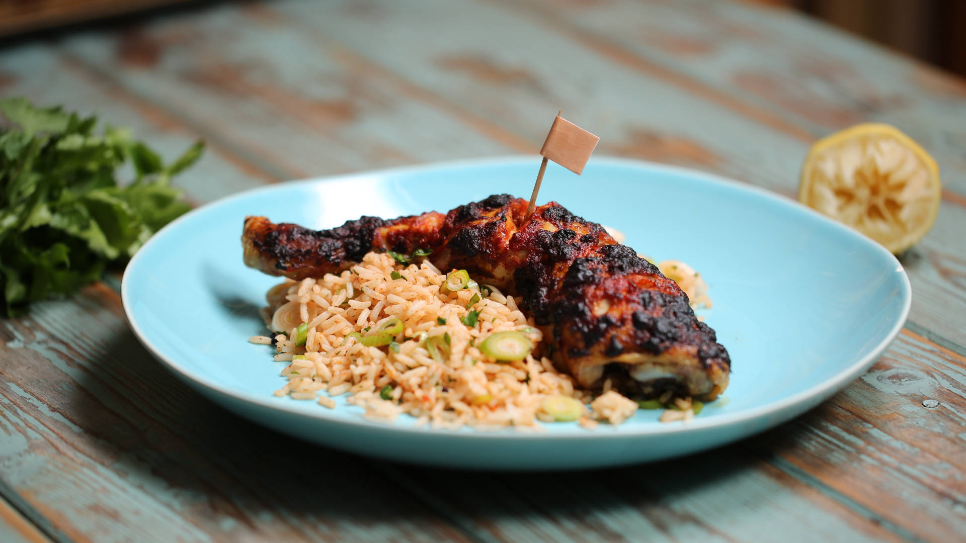 Peri Peri Chicken Rice Meal, grilled chicken leg, charred skin, Full HD Desktop Wallpaper