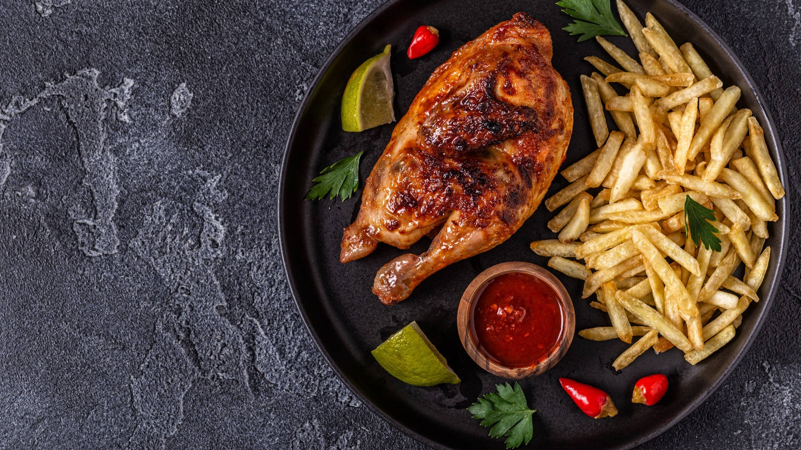 Peri Peri Chicken, fries, black plate, HD Desktop Wallpaper