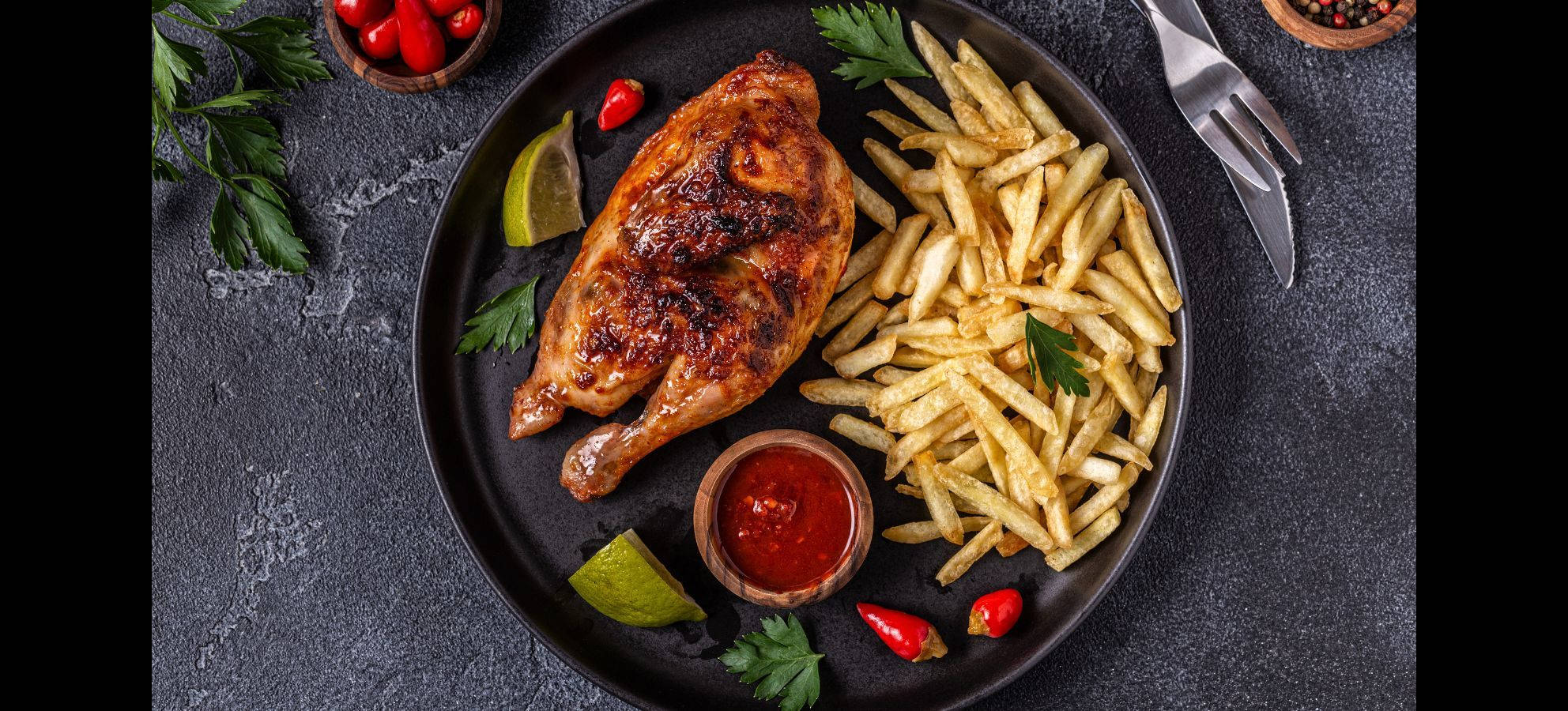 half roasted peri peri chicken, french fries, dark plate, Full HD Desktop Wallpaper