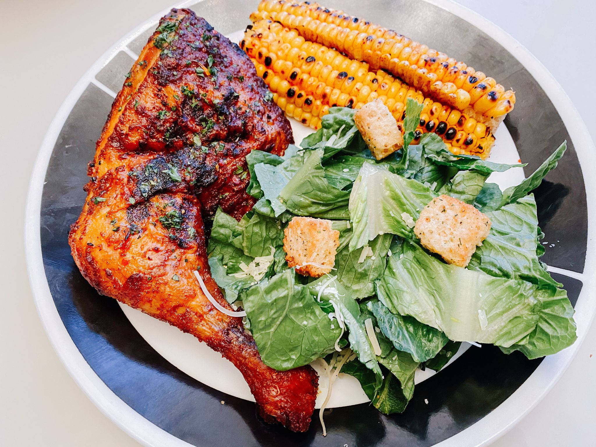 leg and thigh peri peri chicken dish, grilled chicken leg, charred corn, Full HD Desktop Wallpaper