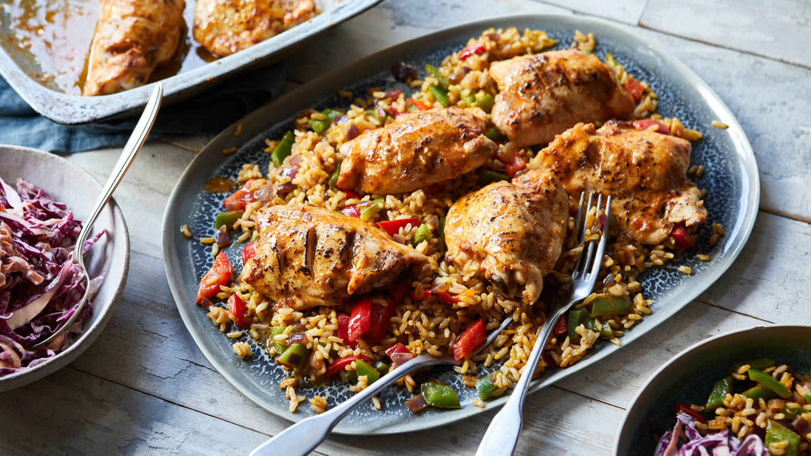Spicy Peri Peri Chicken Rice Dish, golden grilled chicken thighs, colorful rice, HD Desktop Wallpaper