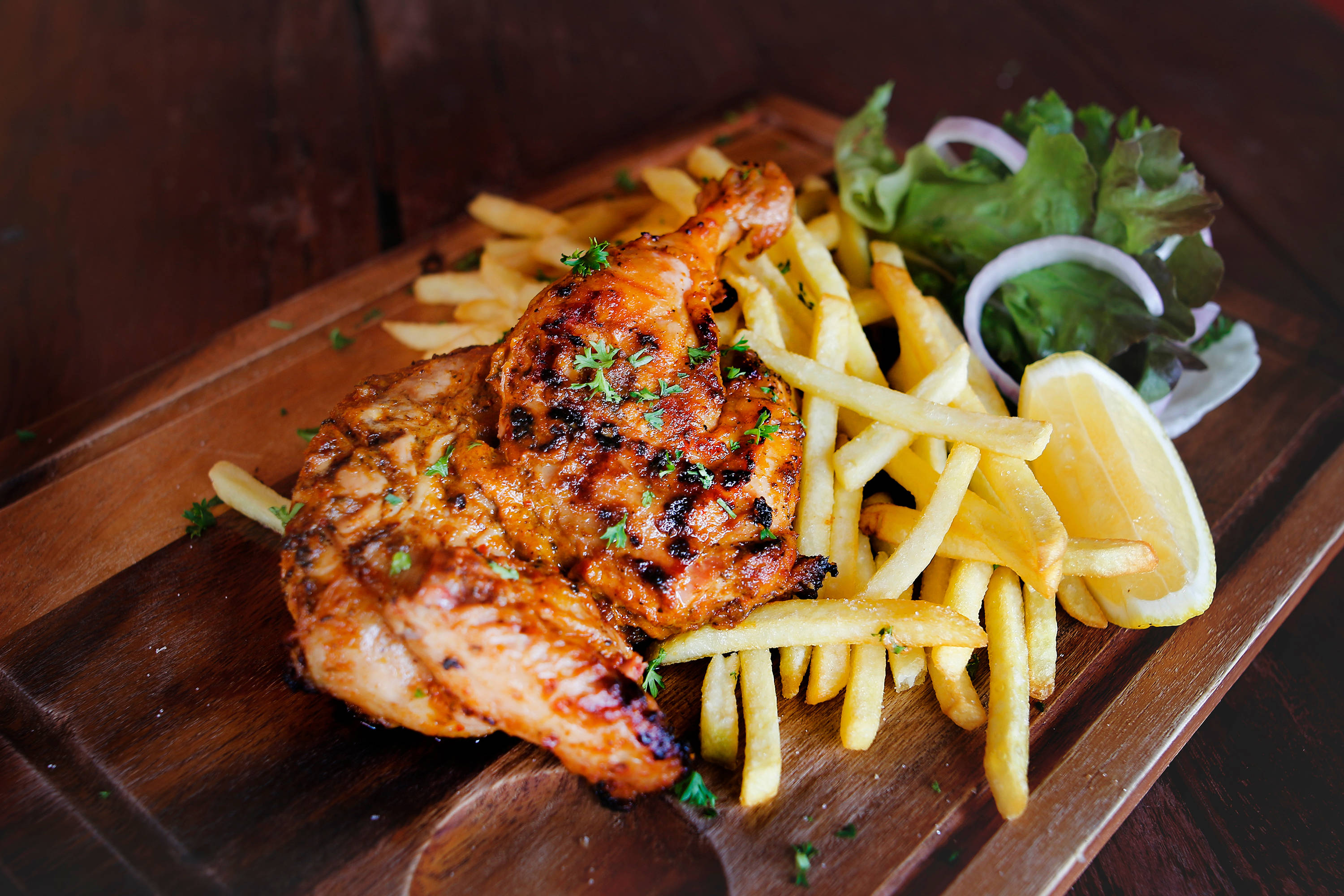 Peri Peri Chicken, fries, parsley, 2K Desktop Wallpaper