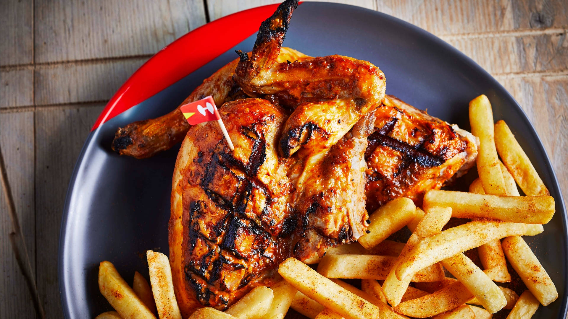 Peri Peri Chicken, golden fries, black plate, Full HD Desktop Wallpaper