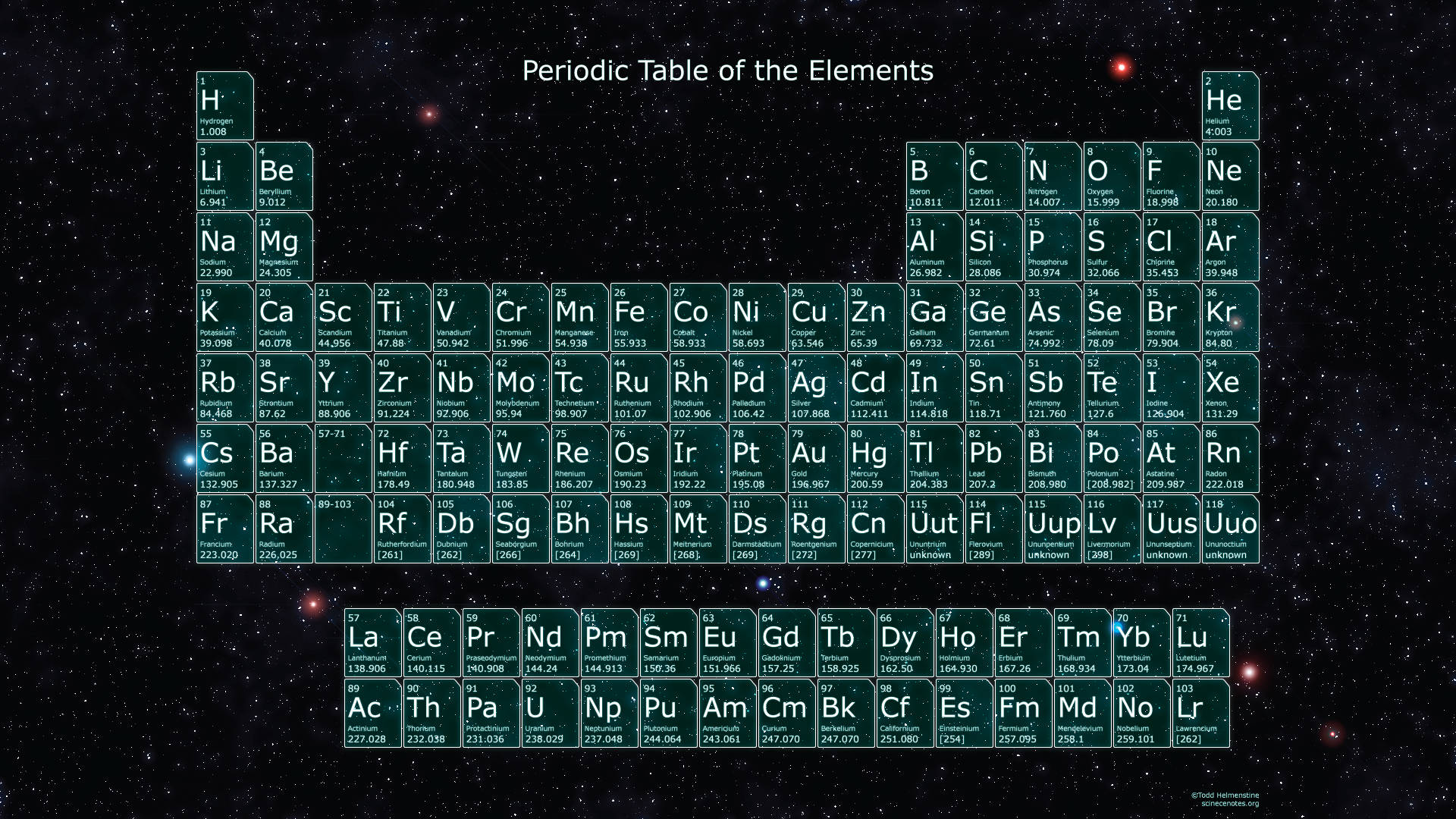 Periodic Table, starry cosmic background, red nebulae, Full HD Desktop Wallpaper