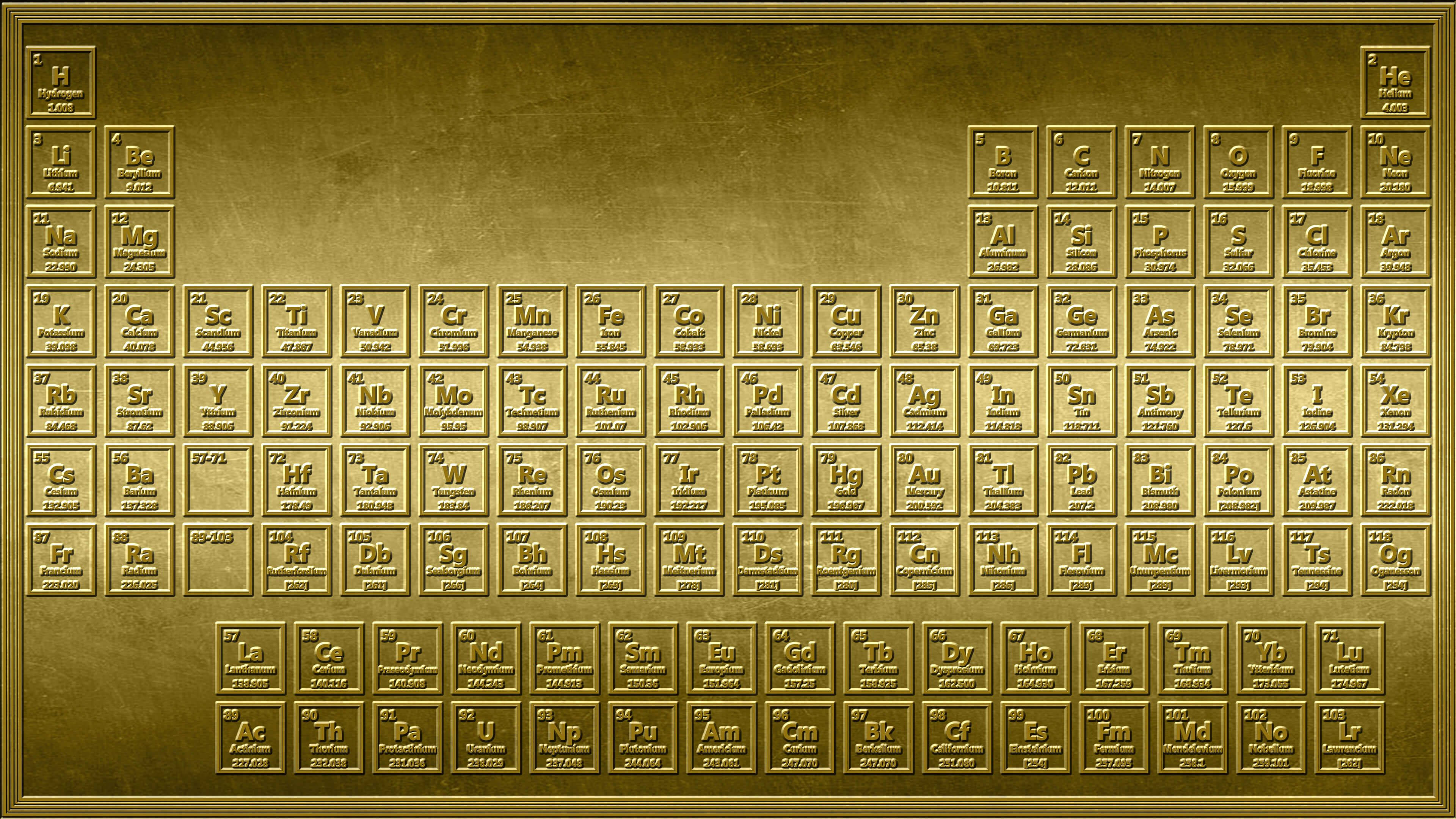 Plain Gold Periodic Table, golden metallic, raised element tiles, 4K Desktop Wallpaper