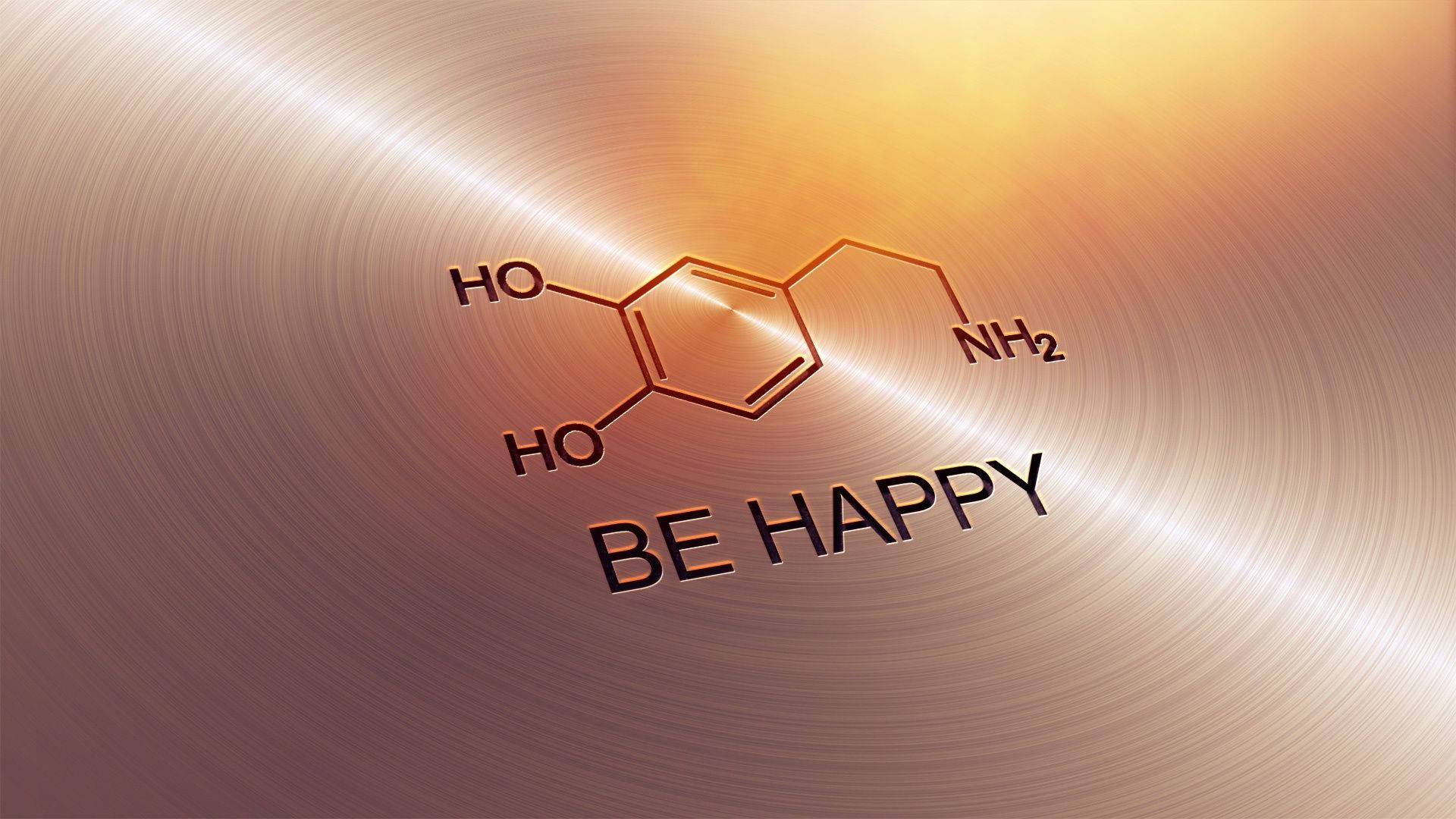 serotonin molecular structure, BE HAPPY, brushed metal gradient background, Full HD Desktop Wallpaper