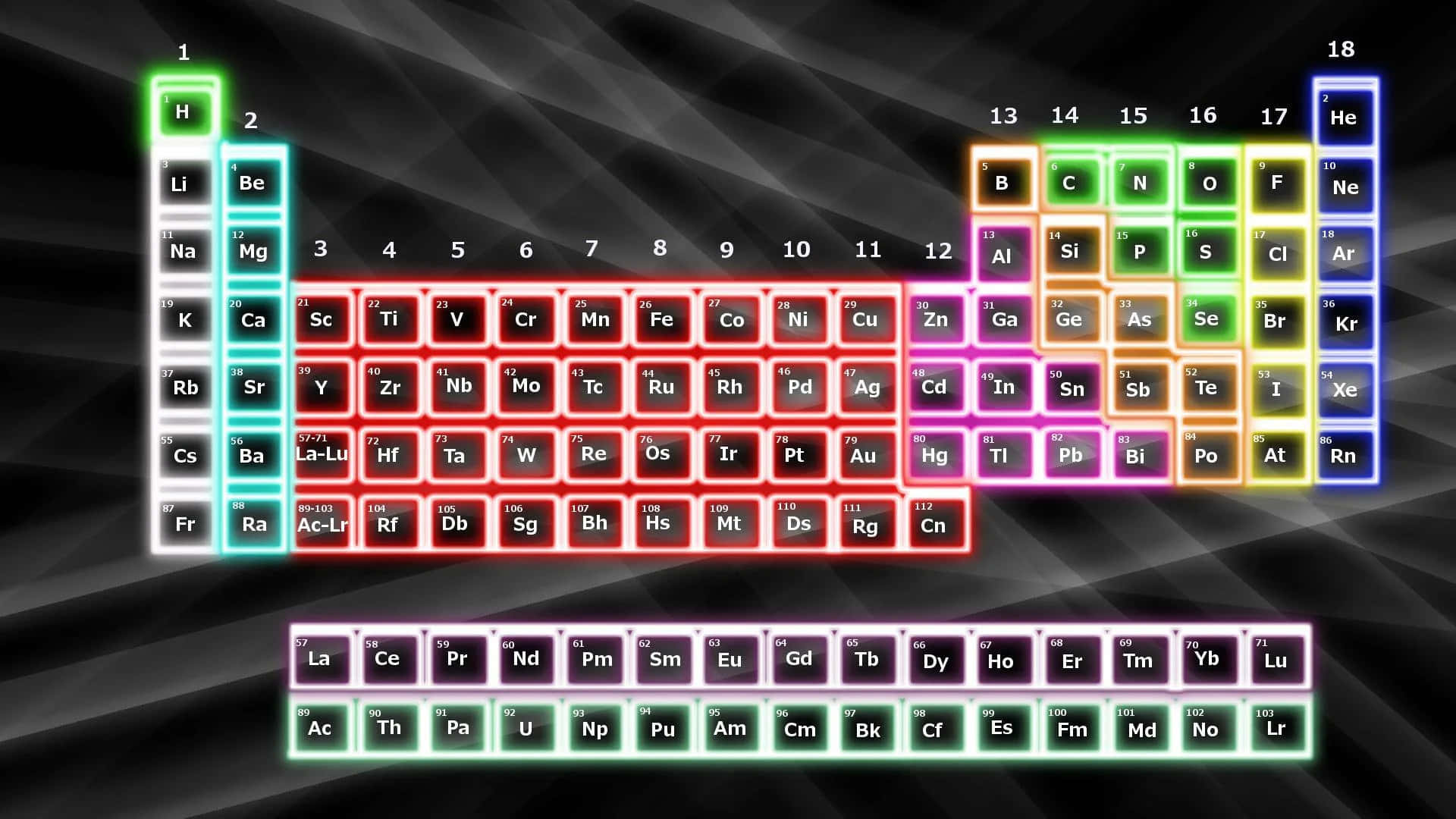 Periodic Table, neon colors, dark geometric background, Full HD Desktop Wallpaper