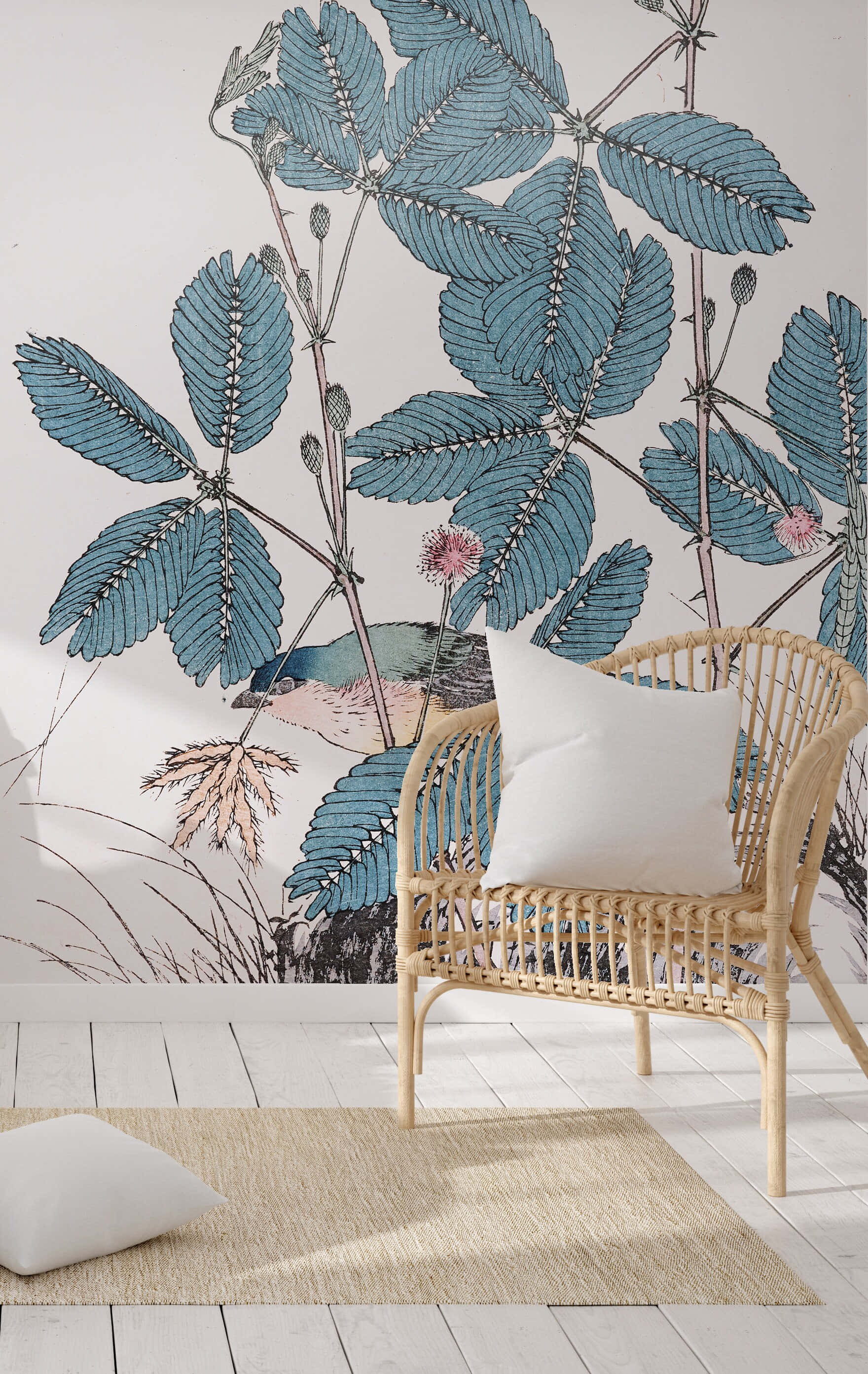 periwinkle leaf wallpaper, rattan chair, white pillows, 2K Phone Wallpaper