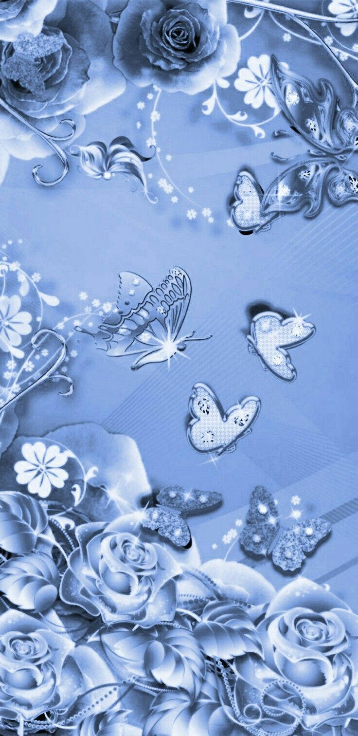 Periwinkle Blue Butterflies Art, blue roses, sparkling butterflies, HD Phone Wallpaper