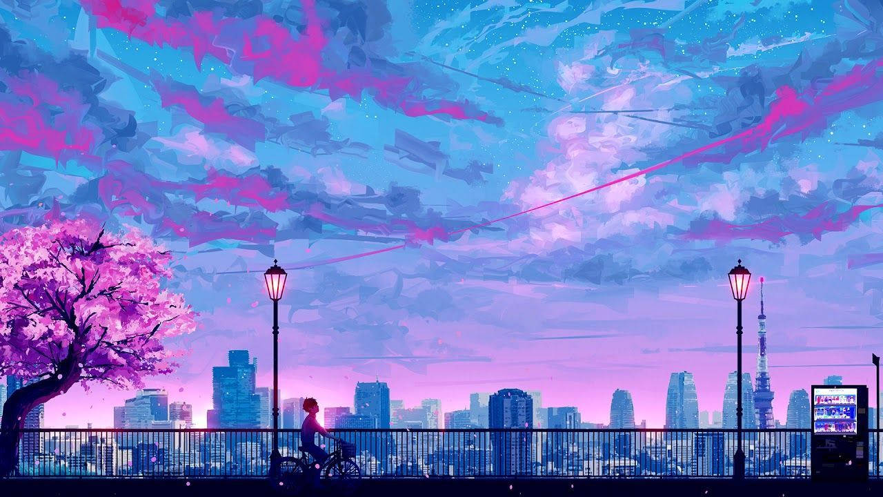 Periwinkle, anime city, cherry blossom tree, HD Desktop Wallpaper