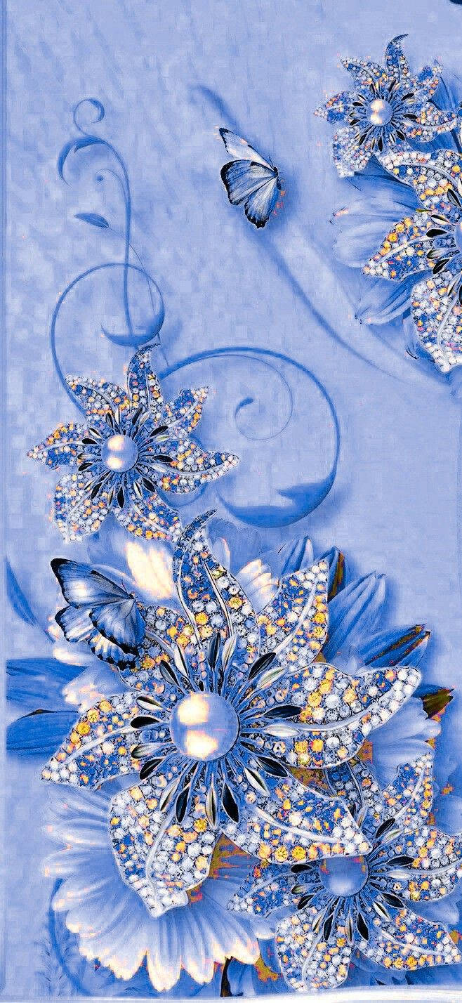 Periwinkle Blue Flower Diamonds, blue crystal flowers, butterflies, HD Phone Wallpaper