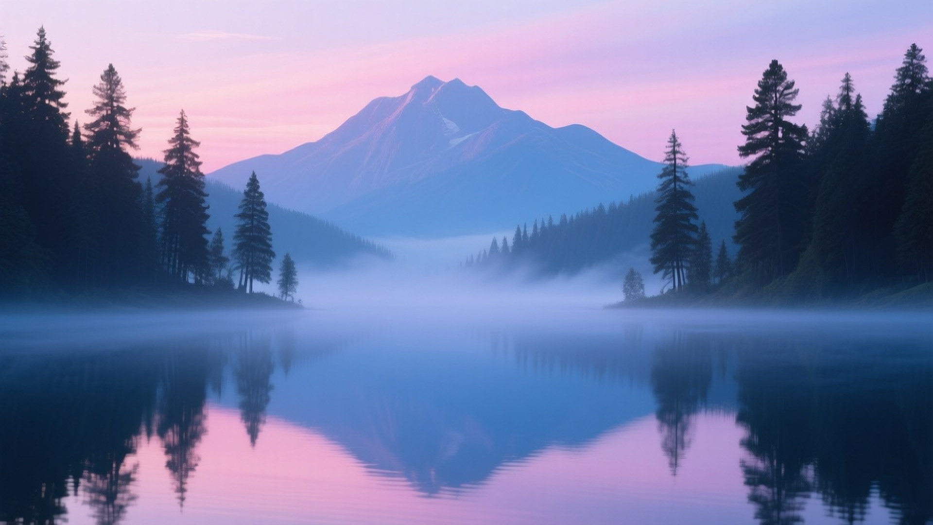 Periwinkle, mountain lake, pink and purple sky, Full HD Desktop Wallpaper